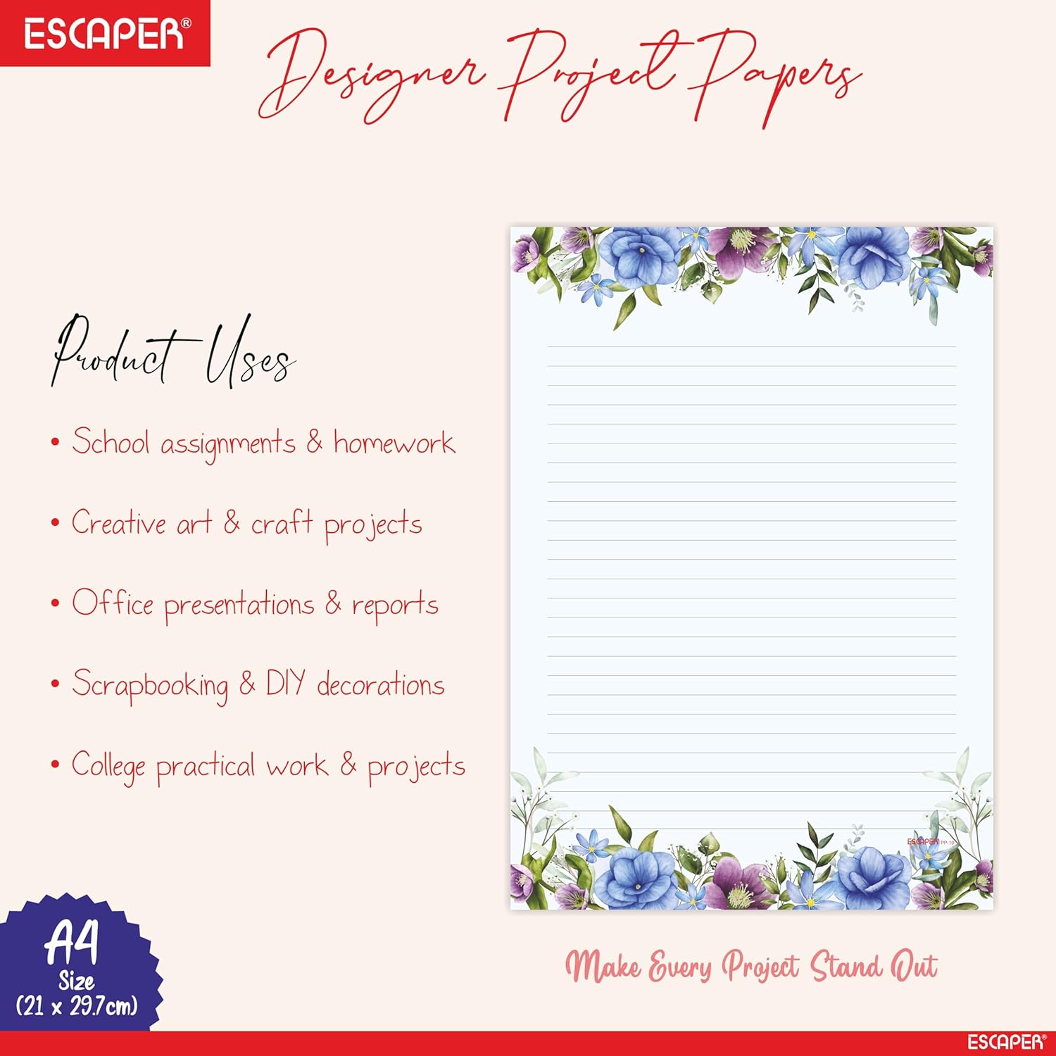 Floral Theme Designer A4 Paper Sheets – 90 GSM Writing Paper – One Side Ruled & One Side Blank – For School Projects, Assignments, Office Use & Printing