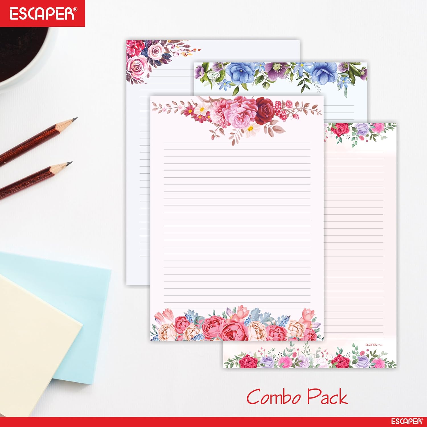 Floral Theme Designer A4 Paper Sheets – 90 GSM Writing Paper – One Side Ruled & One Side Blank – For School Projects, Assignments, Office Use & Printing