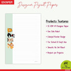 Cartoon Theme A4 Paper Sheets Designer – 90 GSM Writing Paper – One Side Ruled & One Side Blank – For School Projects, Assignments, Office Use & Printing