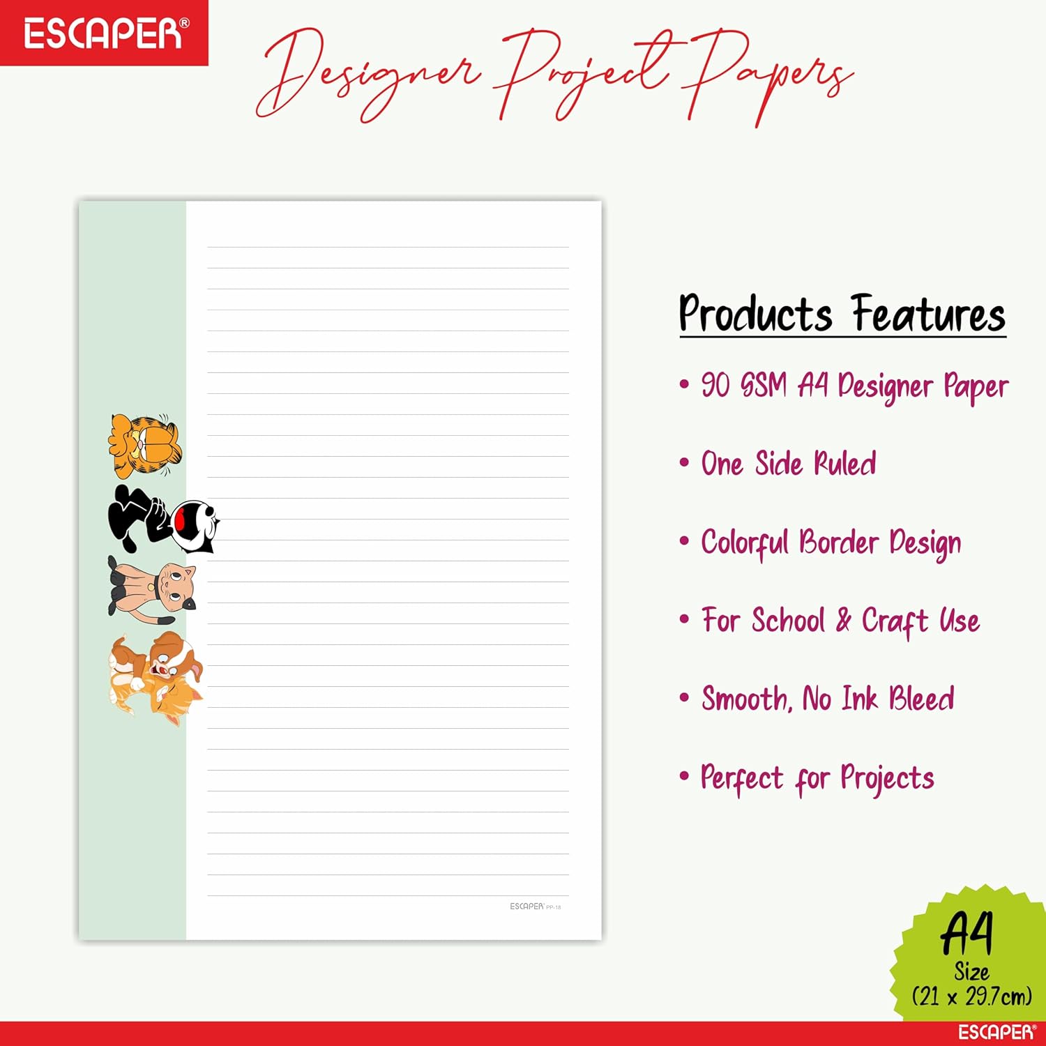 Cartoon Theme A4 Paper Sheets Designer – 90 GSM Writing Paper – One Side Ruled & One Side Blank – For School Projects, Assignments, Office Use & Printing