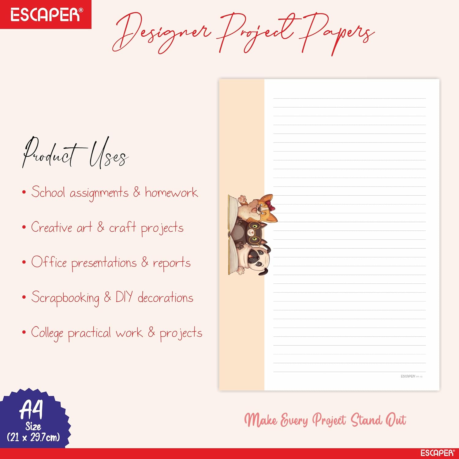 Cartoon Theme A4 Paper Sheets Designer – 90 GSM Writing Paper – One Side Ruled & One Side Blank – For School Projects, Assignments, Office Use & Printing