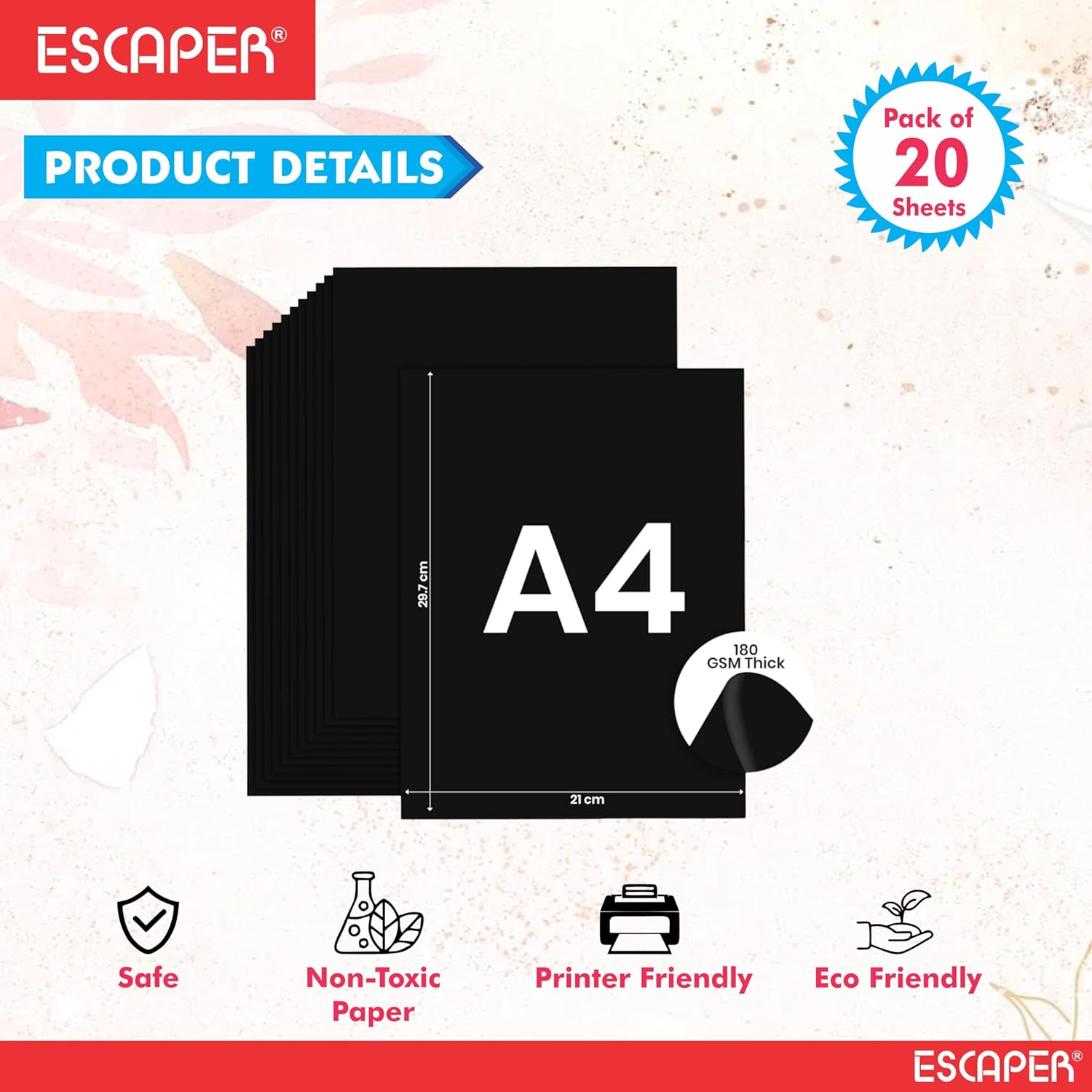 A4 Black Paper Sheets (Pack 20 of Sheets) 120 GSM Black Drawing Paper for Sketching, Craft, DIY Projects & Office Printing