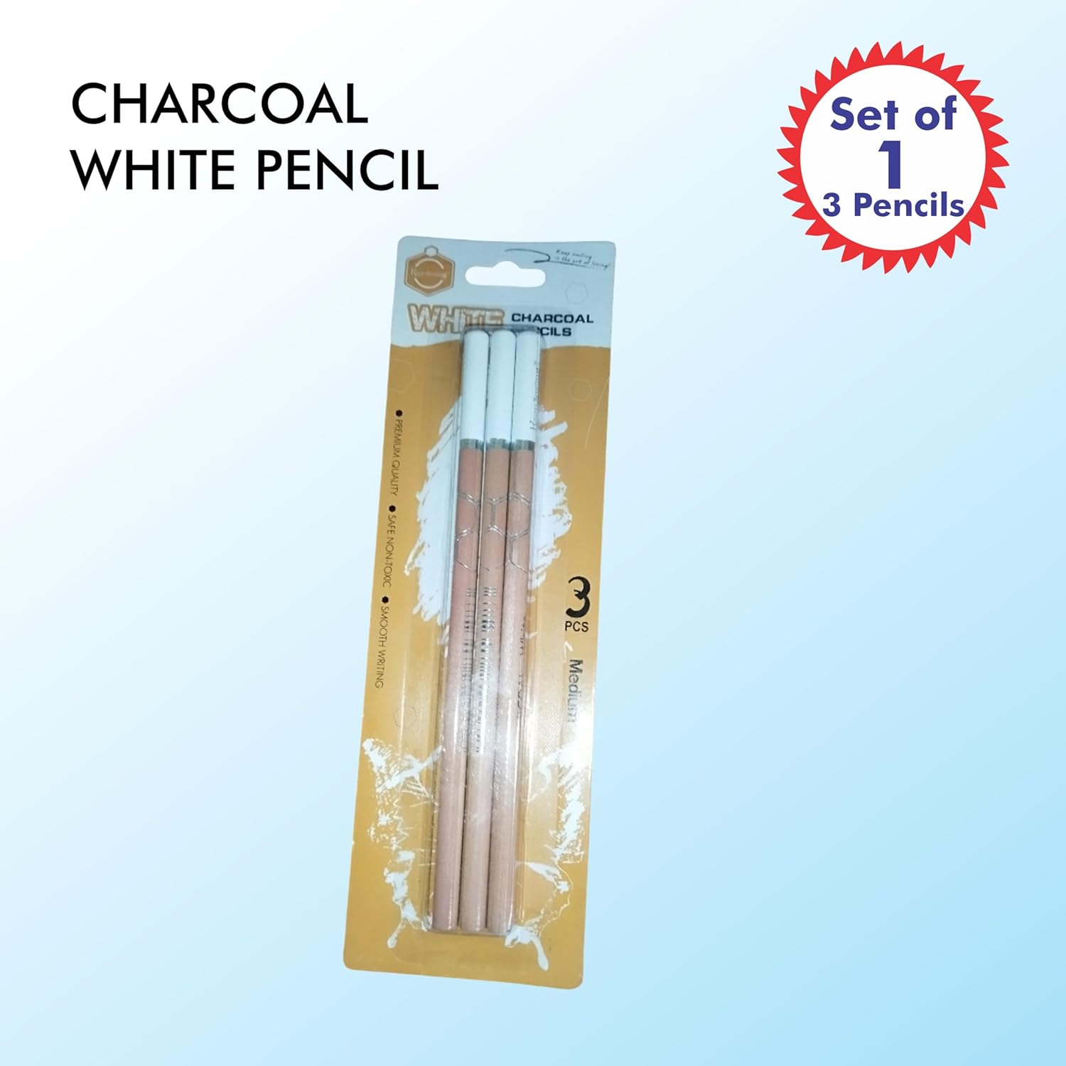 White Charcoal Pencil Set, Charcoal White Pencil for Sketch (Pack Of 3), Drawing and Art Professional Highlighting Pencils for Black Paper and Tinted Surfaces
