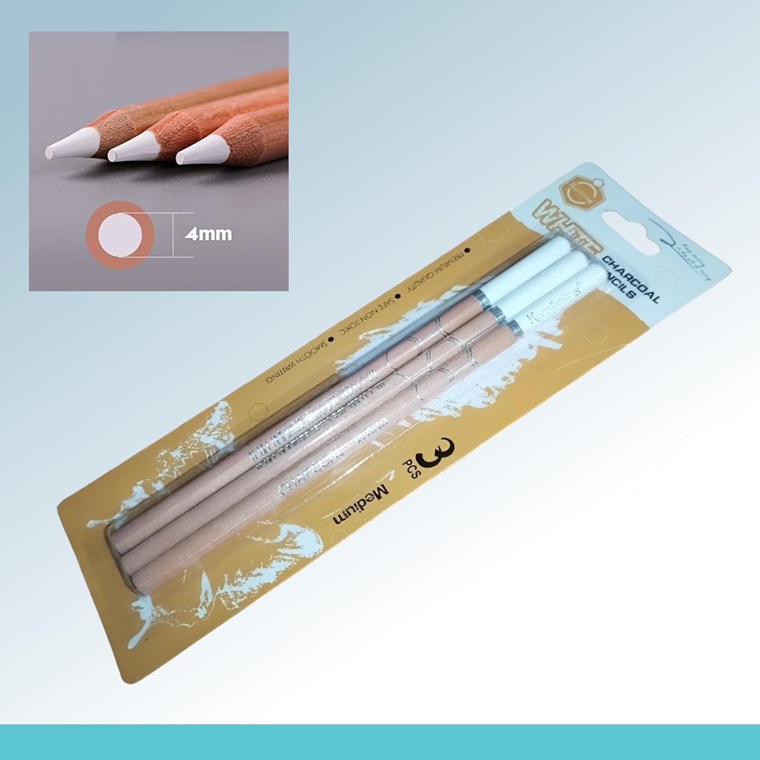 White Charcoal Pencil Set, Charcoal White Pencil for Sketch (Pack Of 3), Drawing and Art Professional Highlighting Pencils for Black Paper and Tinted Surfaces