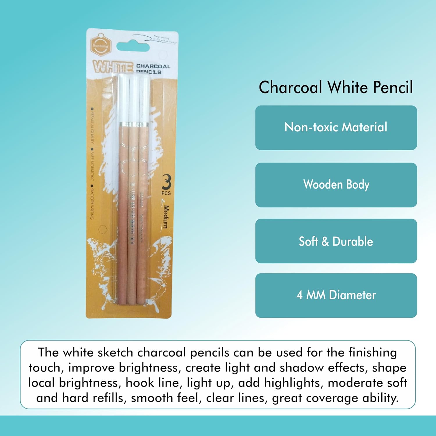 White Charcoal Pencil Set, Charcoal White Pencil for Sketch (Pack Of 3), Drawing and Art Professional Highlighting Pencils for Black Paper and Tinted Surfaces