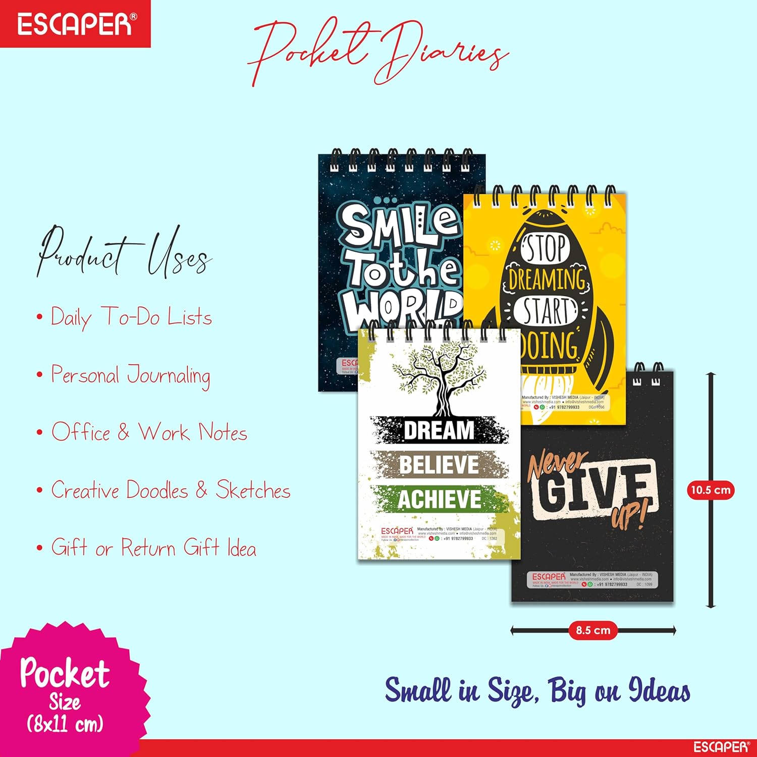 Motivational Pocket Diary A7 Size (10.5 x 7.5 cm) – Pack of 12 Mini Notepads, 100 Ruled Pages, Designer Wiro-Bound Pocket Notebooks for Notes, Office, Kids, Men, Women, Girls