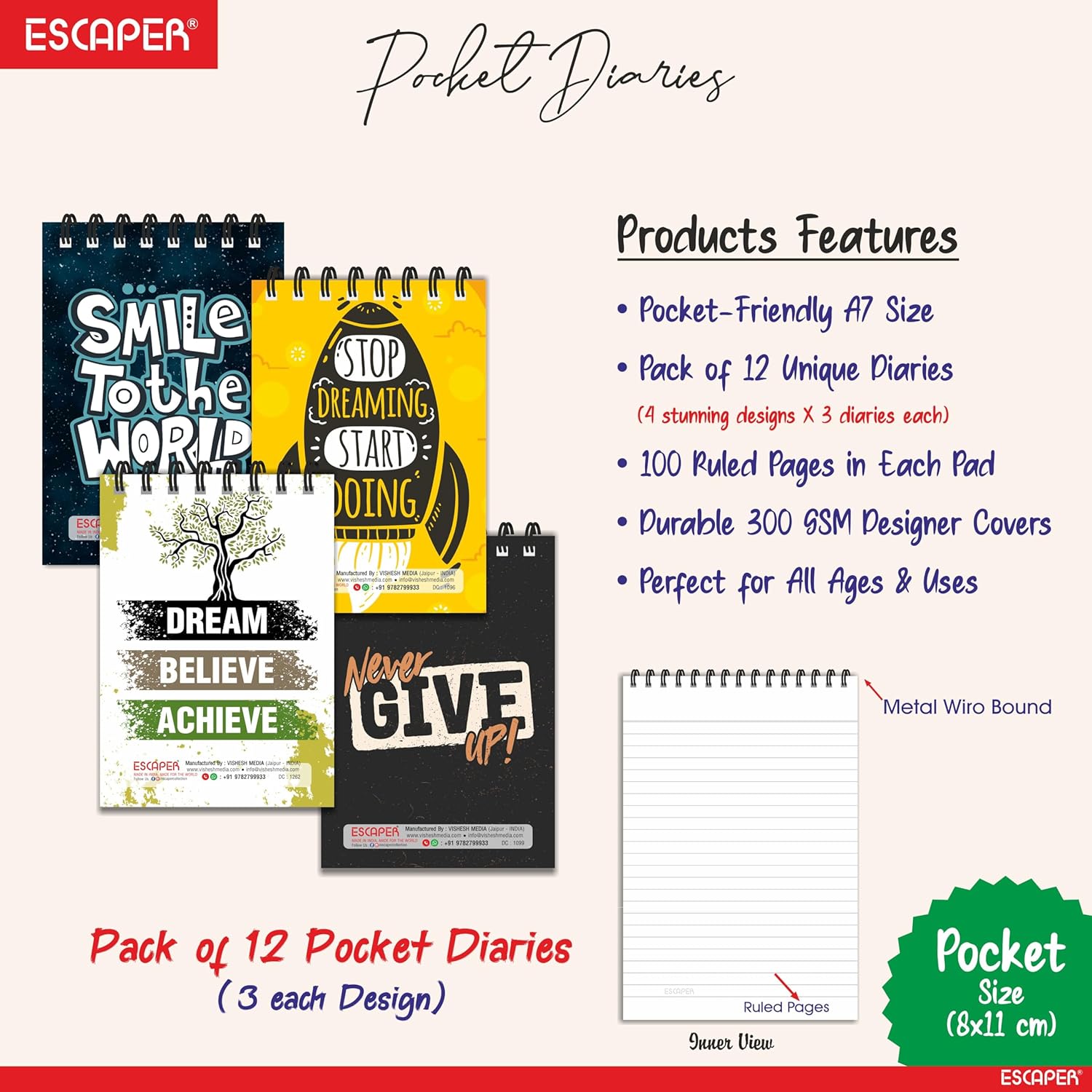 Motivational Pocket Diary A7 Size (10.5 x 7.5 cm) – Pack of 12 Mini Notepads, 100 Ruled Pages, Designer Wiro-Bound Pocket Notebooks for Notes, Office, Kids, Men, Women, Girls