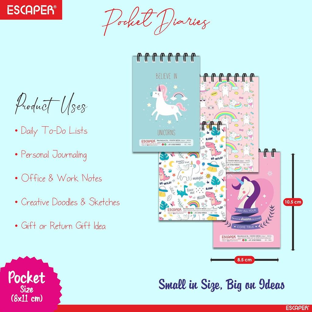 Unicorn Pocket Diary A7 Size (10.5 x 7.5 cm) – Pack of 12 Mini Notepads, 100 Ruled Pages, Designer Wiro-Bound Pocket Notebooks for Notes, Office, Kids, Men, Women, Girls (Unicorn)