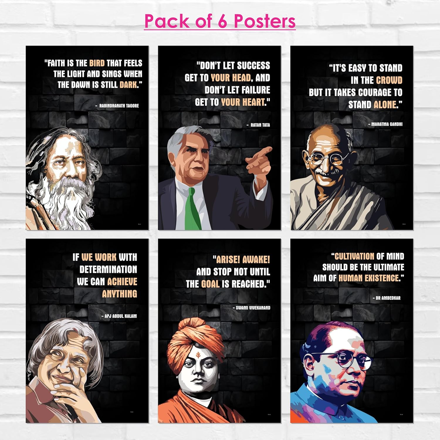 Motivational Wall Posters Unframed (12 x 18, 300 GSM - Pack of 6 Posters), Famous Quotes Wall Art for Room Decoration, Inspirational Quotes Poster