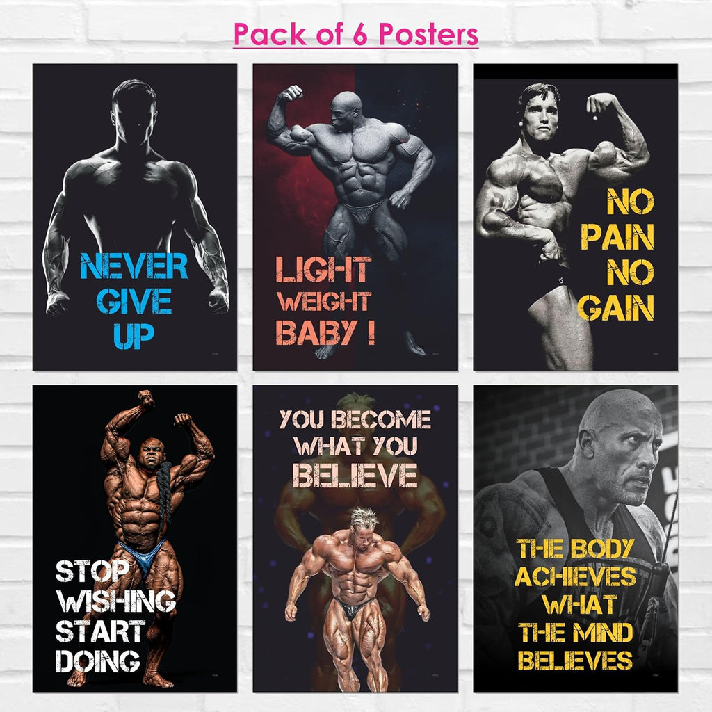 Gym Posters for Wall Motivation (12 x 18 inch, 300 GSM) - Workout, Exercise, Bodybuilders, Fitness Center - Jumbo Pack 6 Posters