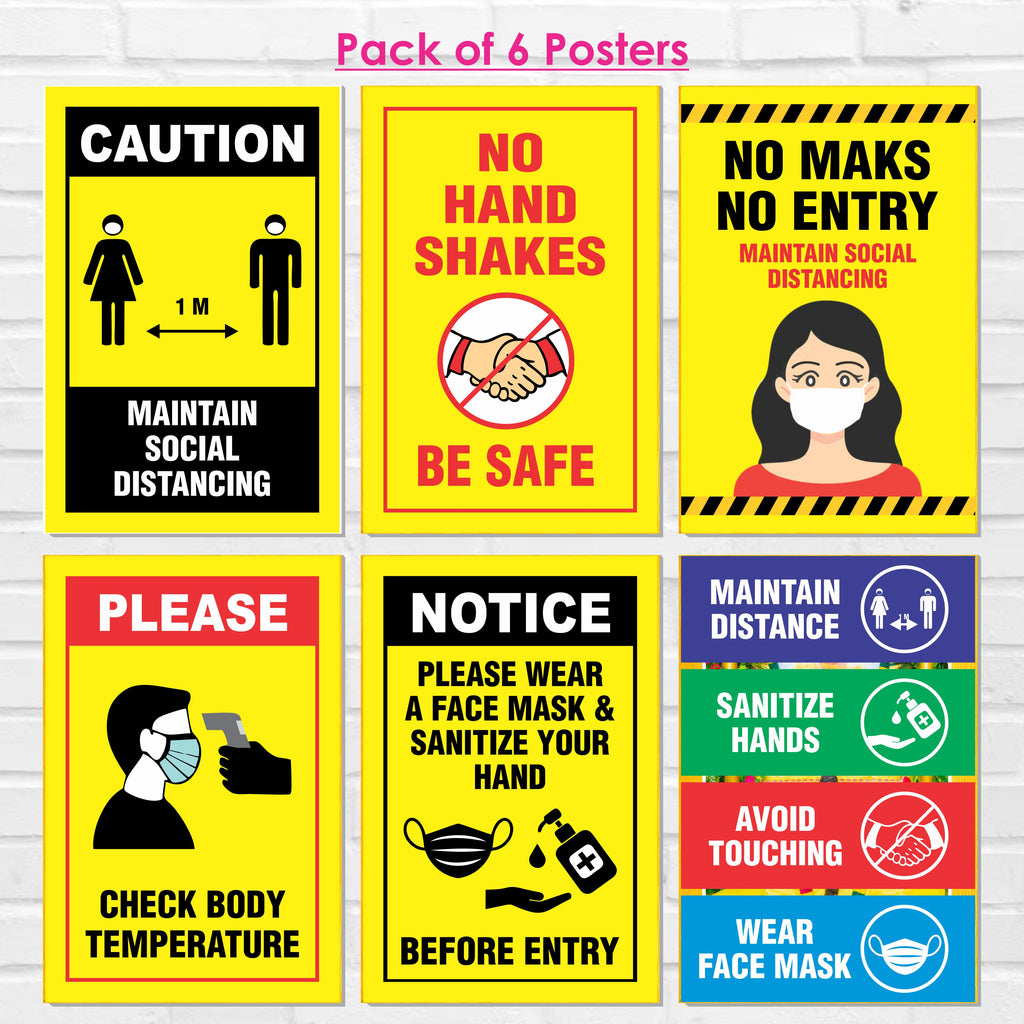 COVID Safety Awareness Posters, Laminated, 12 x 18 Inch (Pack Of 6) Required Social Distancing and Hygiene Instructions Poster For Offices, Hospitals, Schools, Factories