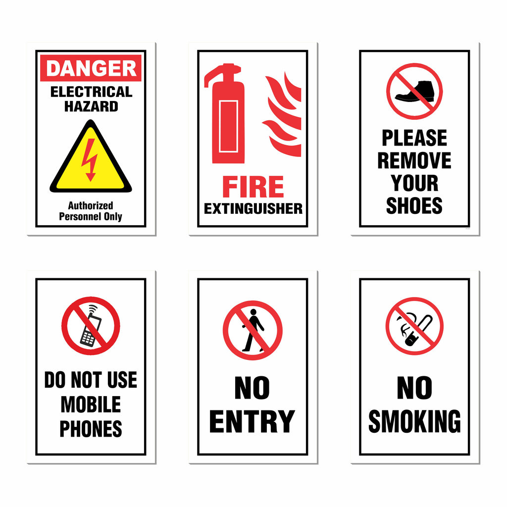 Safety Posters, (Pack Of 6) Fire Extinguisher Poster, Electrical Safety Sign, No Entry & No Smoking, Do Not Use Mobile Phone Posters – 12x18 Inch Industrial Safety Signs for Factory, Workplace & Indoor Use