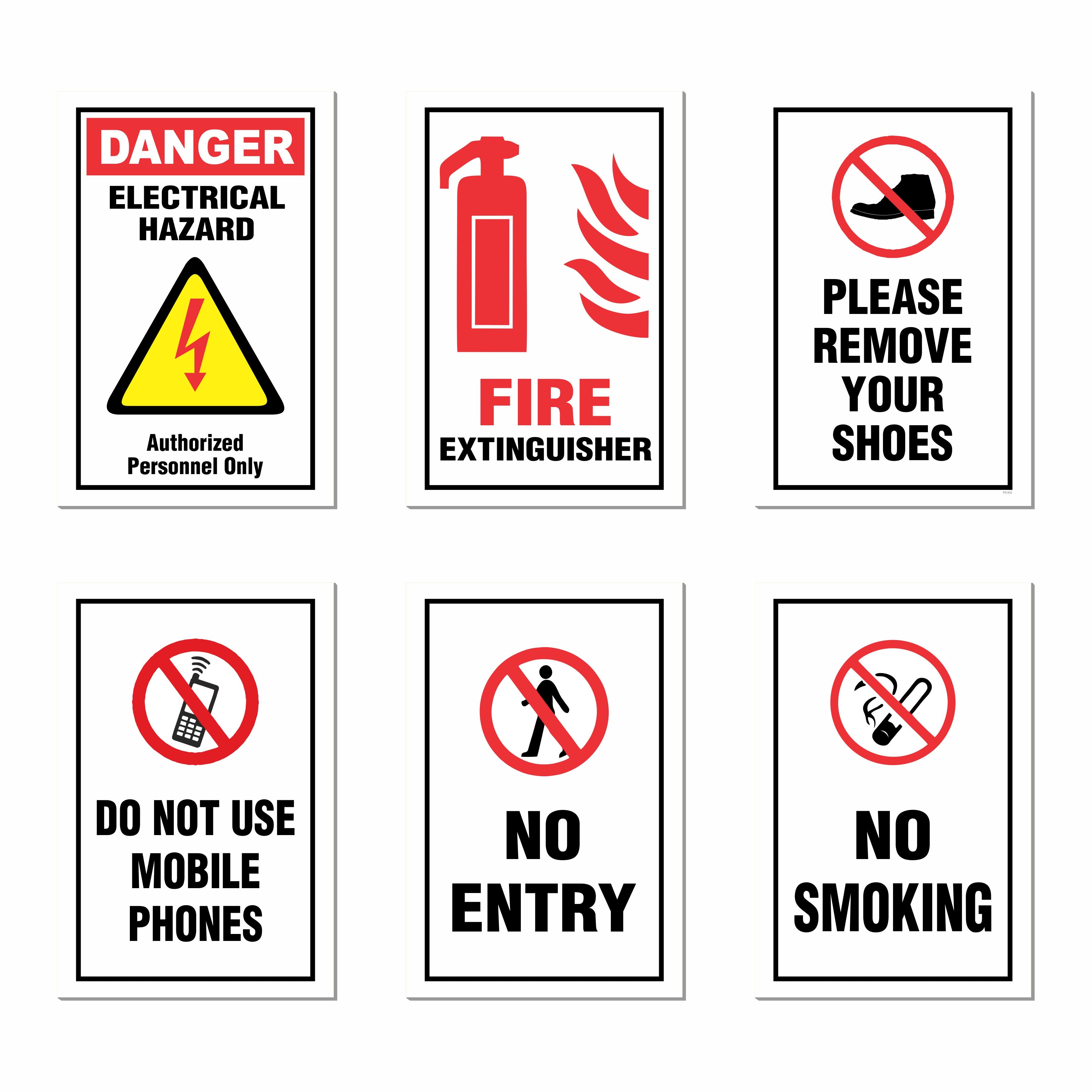 Safety Posters, (Pack Of 6) Fire Extinguisher Poster, Electrical Safety Sign, No Entry & No Smoking, Do Not Use Mobile Phone Posters – 12x18 Inch Industrial Safety Signs for Factory, Workplace & Indoor Use