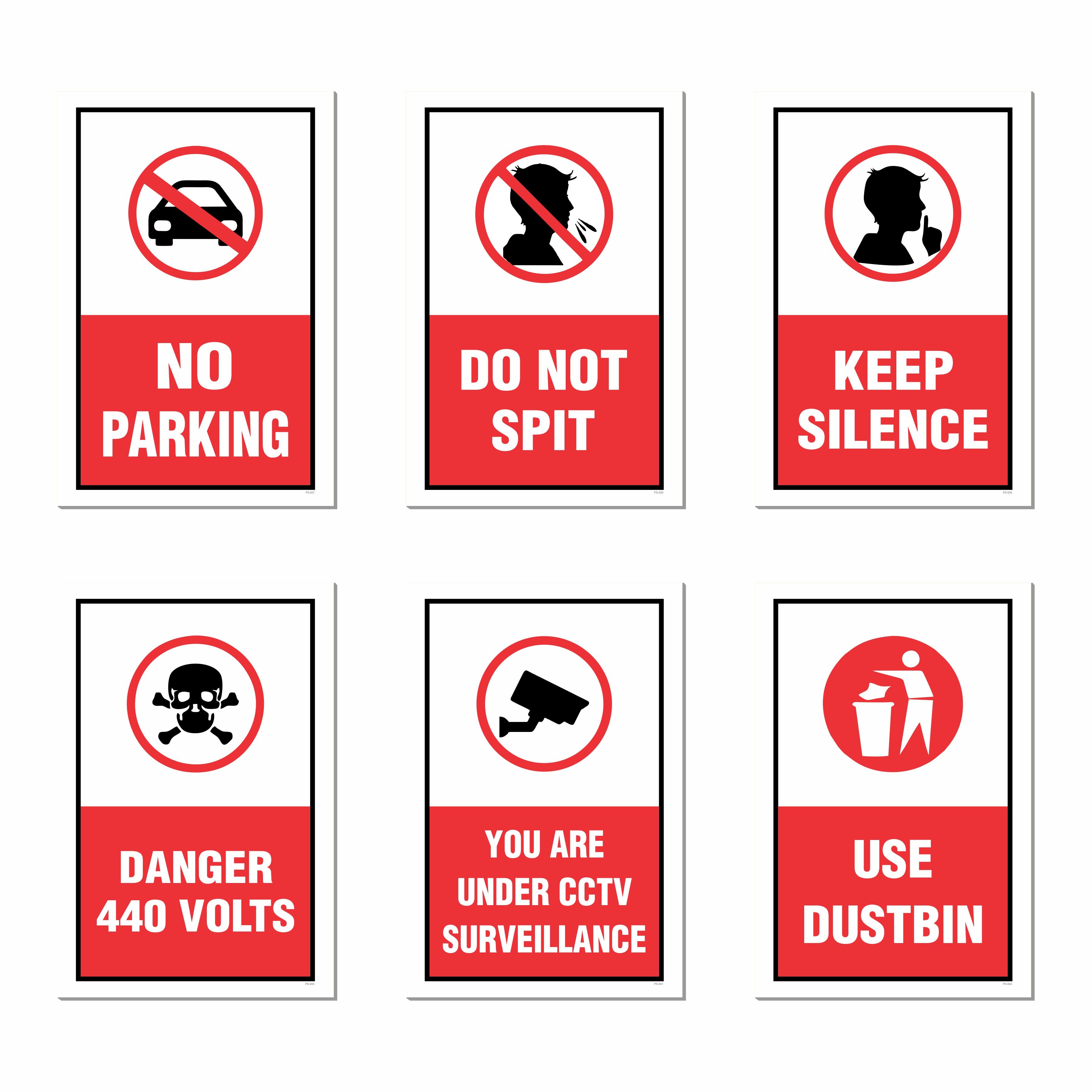 Safety & Instruction Poster (Pack Of 6) Laminated Self-Adhesive Signs (12x18 inch) for Home, Office, Industry, Hospital & Public Places – No Parking, Do Not Spit, Keep Silence, Danger 440 Volts, CCTV, Use Dustbin
