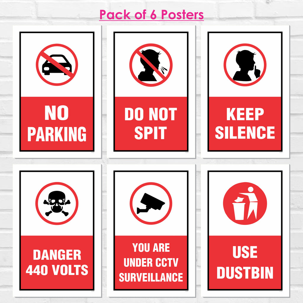 Safety & Instruction Poster (Pack Of 6) Laminated Self-Adhesive Signs (12x18 inch) for Home, Office, Industry, Hospital & Public Places – No Parking, Do Not Spit, Keep Silence, Danger 440 Volts, CCTV, Use Dustbin