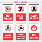 Safety & Instruction Poster (Pack Of 6) Laminated Self-Adhesive Signs (12x18 inch) for Home, Office, Industry, Hospital & Public Places – No Parking, Do Not Spit, Keep Silence, Danger 440 Volts, CCTV, Use Dustbin