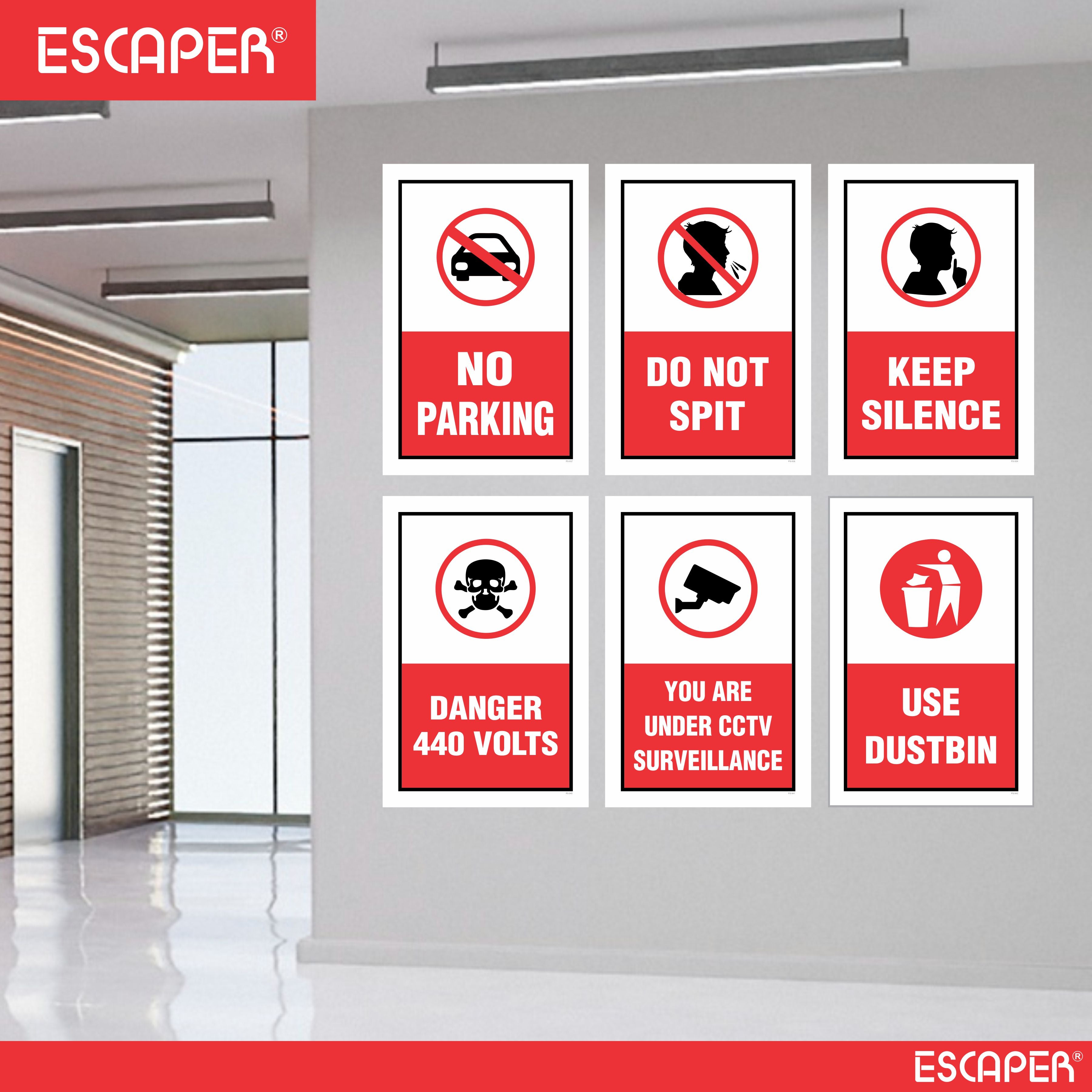 Safety & Instruction Poster (Pack Of 6) Laminated Self-Adhesive Signs (12x18 inch) for Home, Office, Industry, Hospital & Public Places – No Parking, Do Not Spit, Keep Silence, Danger 440 Volts, CCTV, Use Dustbin