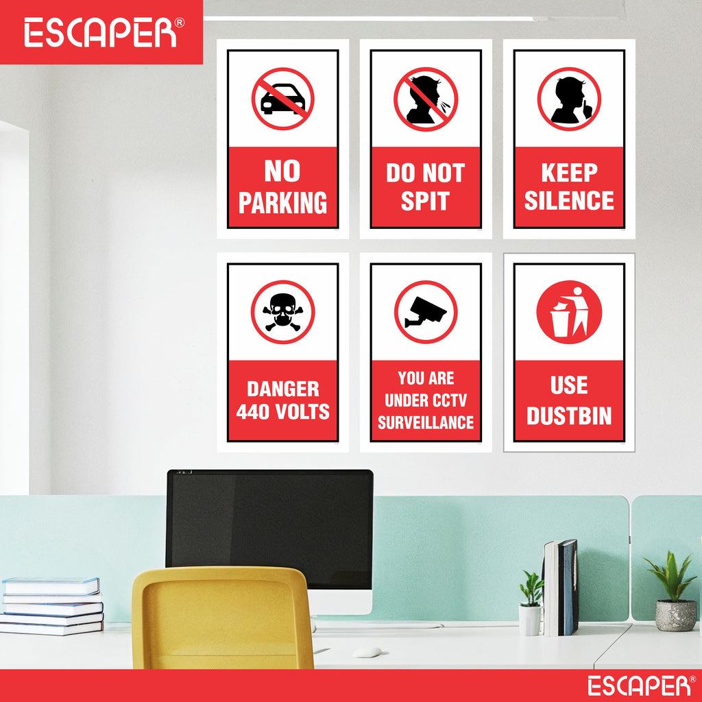 Safety & Instruction Poster (Pack Of 6) Laminated Self-Adhesive Signs (12x18 inch) for Home, Office, Industry, Hospital & Public Places – No Parking, Do Not Spit, Keep Silence, Danger 440 Volts, CCTV, Use Dustbin