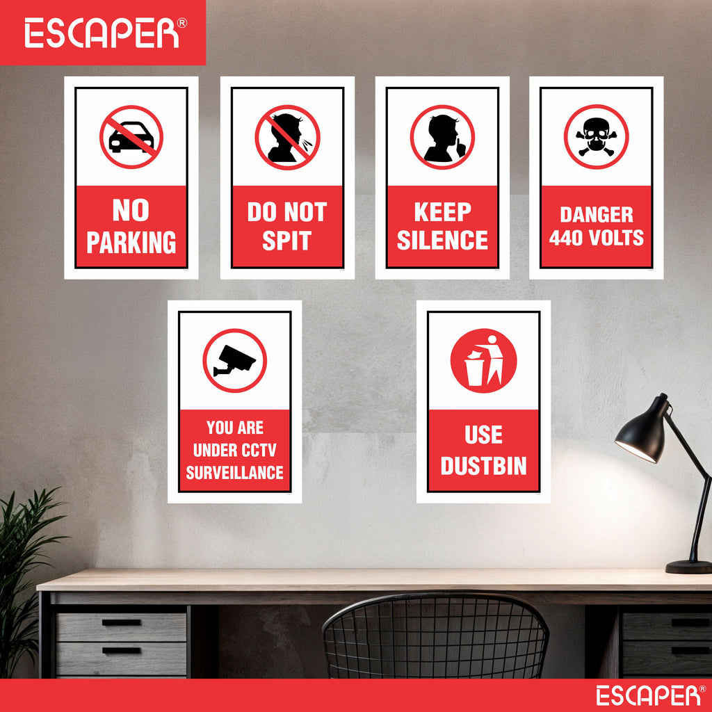 Safety & Instruction Poster (Pack Of 6) Laminated Self-Adhesive Signs (12x18 inch) for Home, Office, Industry, Hospital & Public Places – No Parking, Do Not Spit, Keep Silence, Danger 440 Volts, CCTV, Use Dustbin