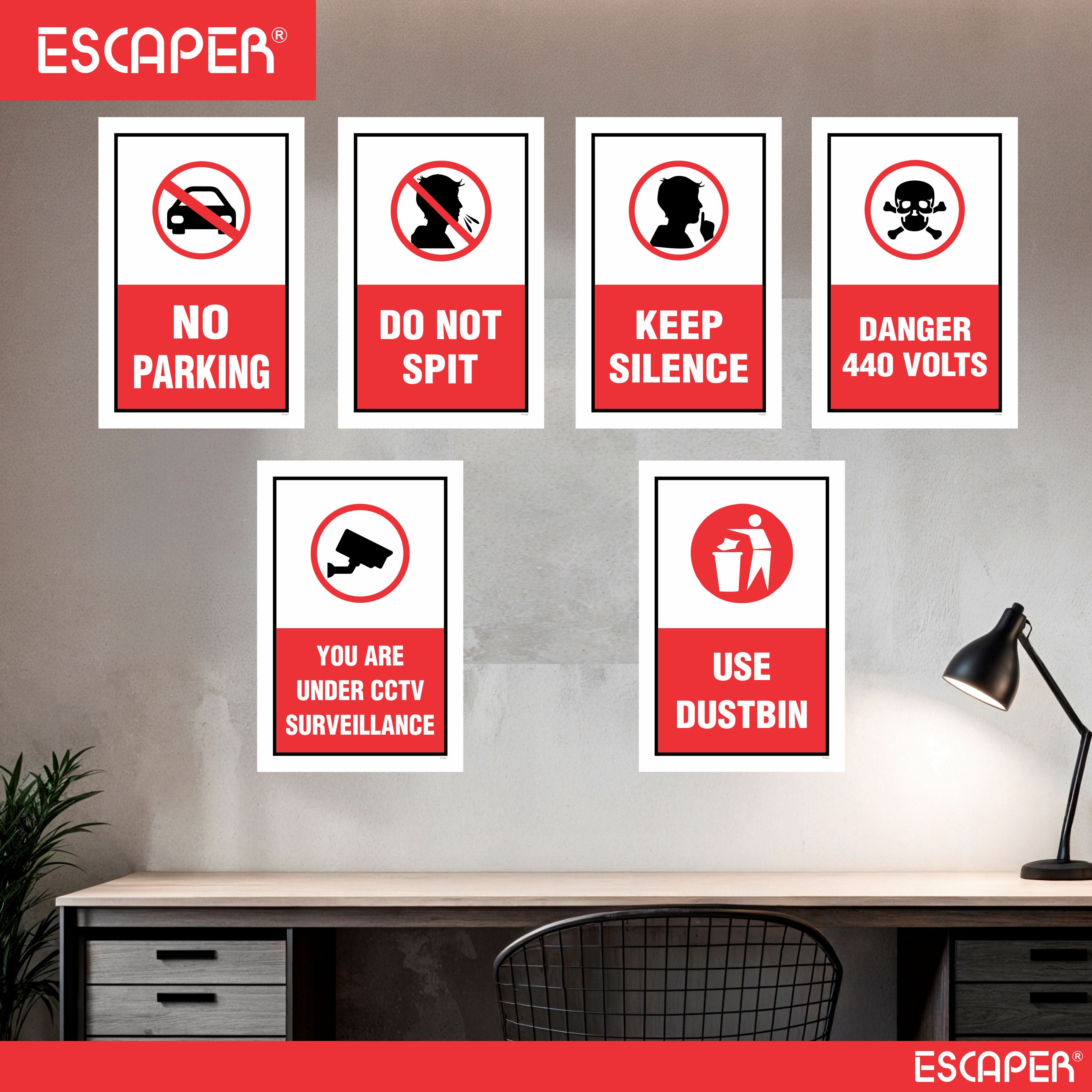 Safety & Instruction Poster (Pack Of 6) Laminated Self-Adhesive Signs (12x18 inch) for Home, Office, Industry, Hospital & Public Places – No Parking, Do Not Spit, Keep Silence, Danger 440 Volts, CCTV, Use Dustbin