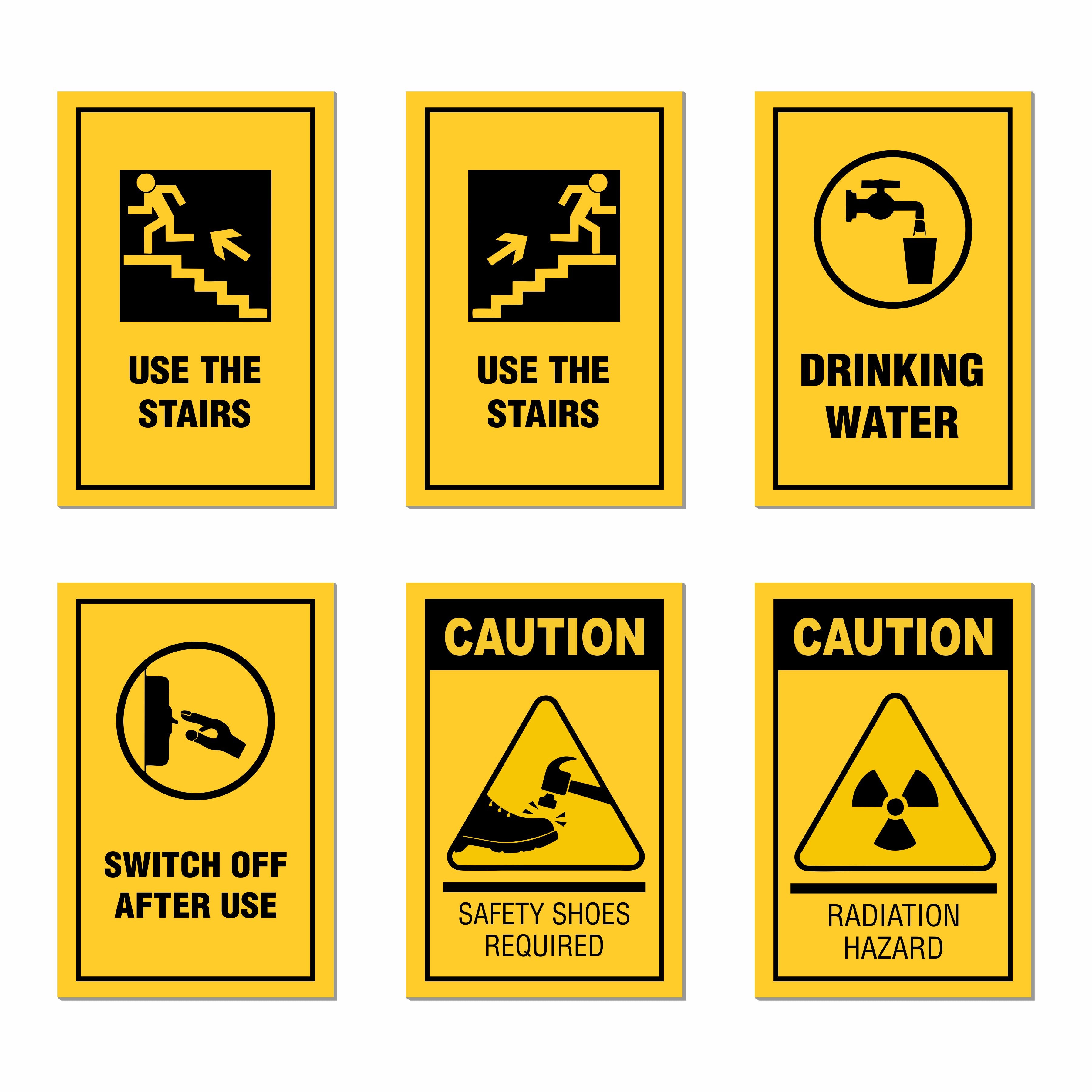 Safety & Instructional Posters– (Pack Of 6-12x18 inch), Self-Adhesive, Laminated – Use the Stairs, Drinking Water, Switch Off After Use, Caution Safety Shoes Required, Radiation Hazard – Workplace & Office Safety Signs