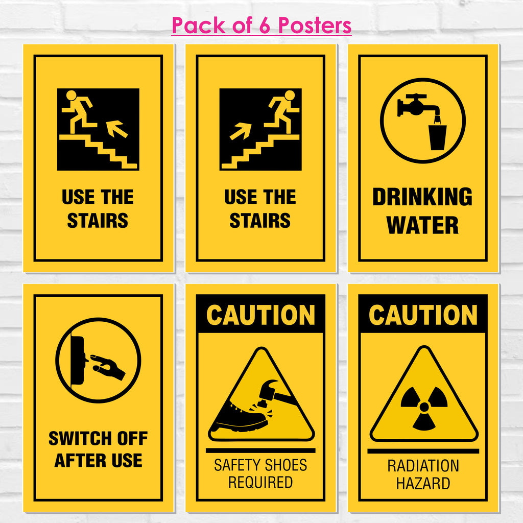 Safety & Instructional Posters– (Pack Of 6-12x18 inch), Self-Adhesive, Laminated – Use the Stairs, Drinking Water, Switch Off After Use, Caution Safety Shoes Required, Radiation Hazard – Workplace & Office Safety Signs