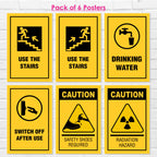 Safety & Instructional Posters– (Pack Of 6-12x18 inch), Self-Adhesive, Laminated – Use the Stairs, Drinking Water, Switch Off After Use, Caution Safety Shoes Required, Radiation Hazard – Workplace & Office Safety Signs