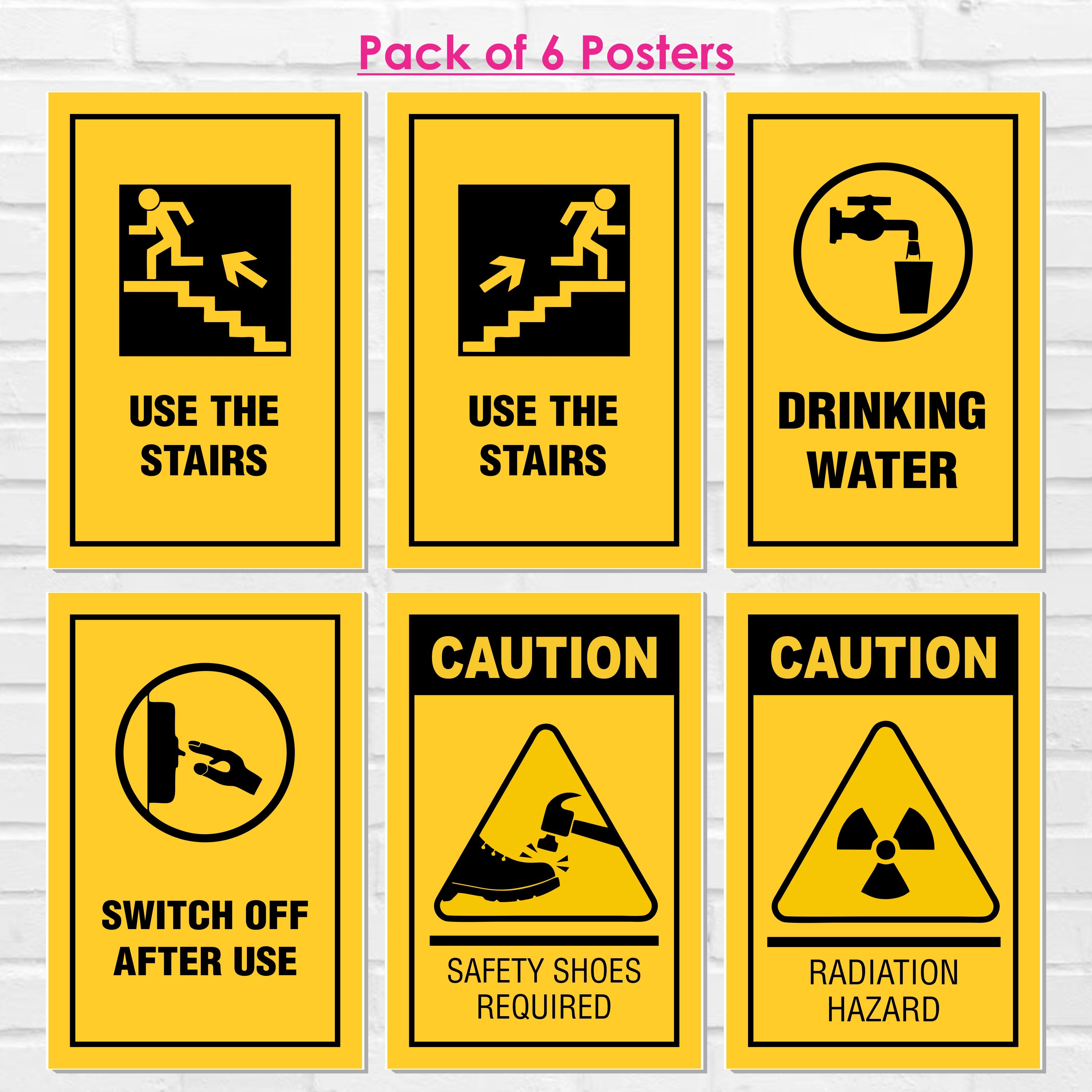 Safety & Instructional Posters– (Pack Of 6-12x18 inch), Self-Adhesive, Laminated – Use the Stairs, Drinking Water, Switch Off After Use, Caution Safety Shoes Required, Radiation Hazard – Workplace & Office Safety Signs