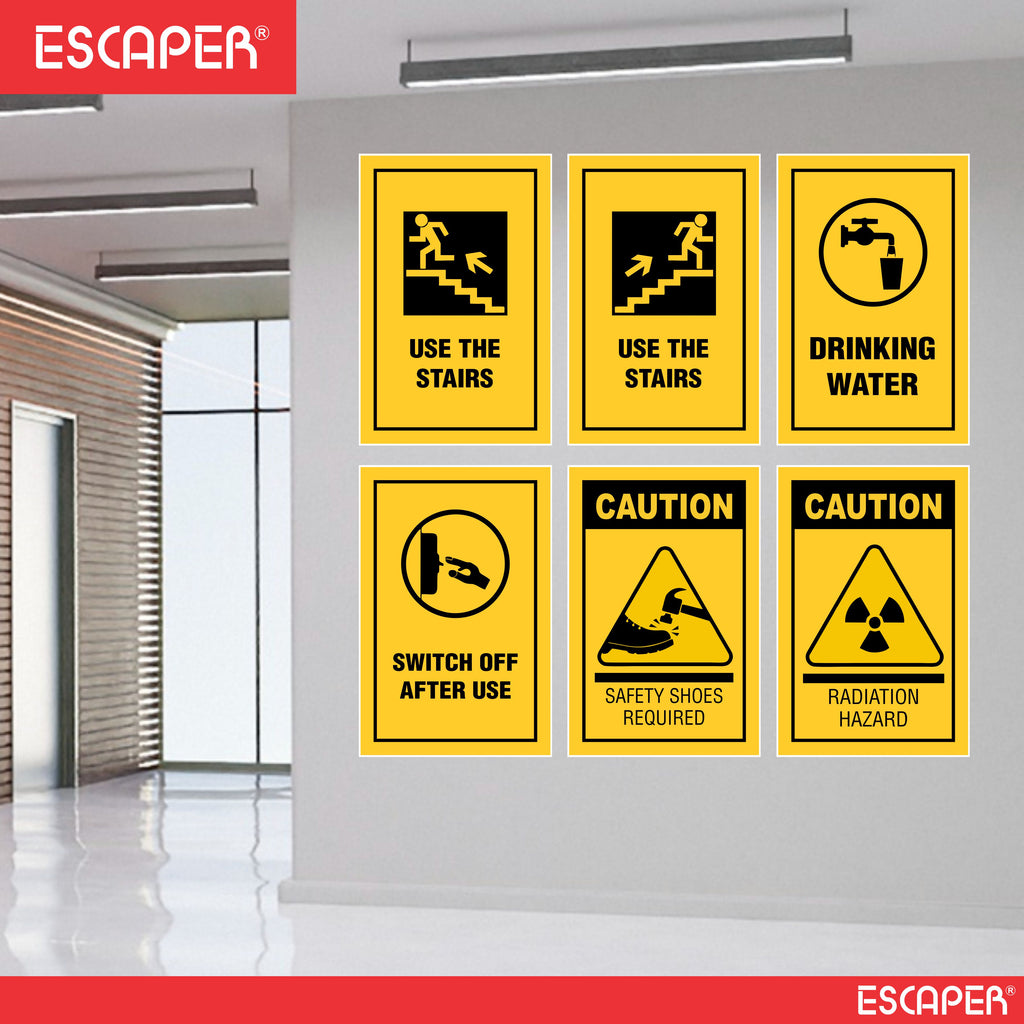 Safety & Instructional Posters– (Pack Of 6-12x18 inch), Self-Adhesive, Laminated – Use the Stairs, Drinking Water, Switch Off After Use, Caution Safety Shoes Required, Radiation Hazard – Workplace & Office Safety Signs