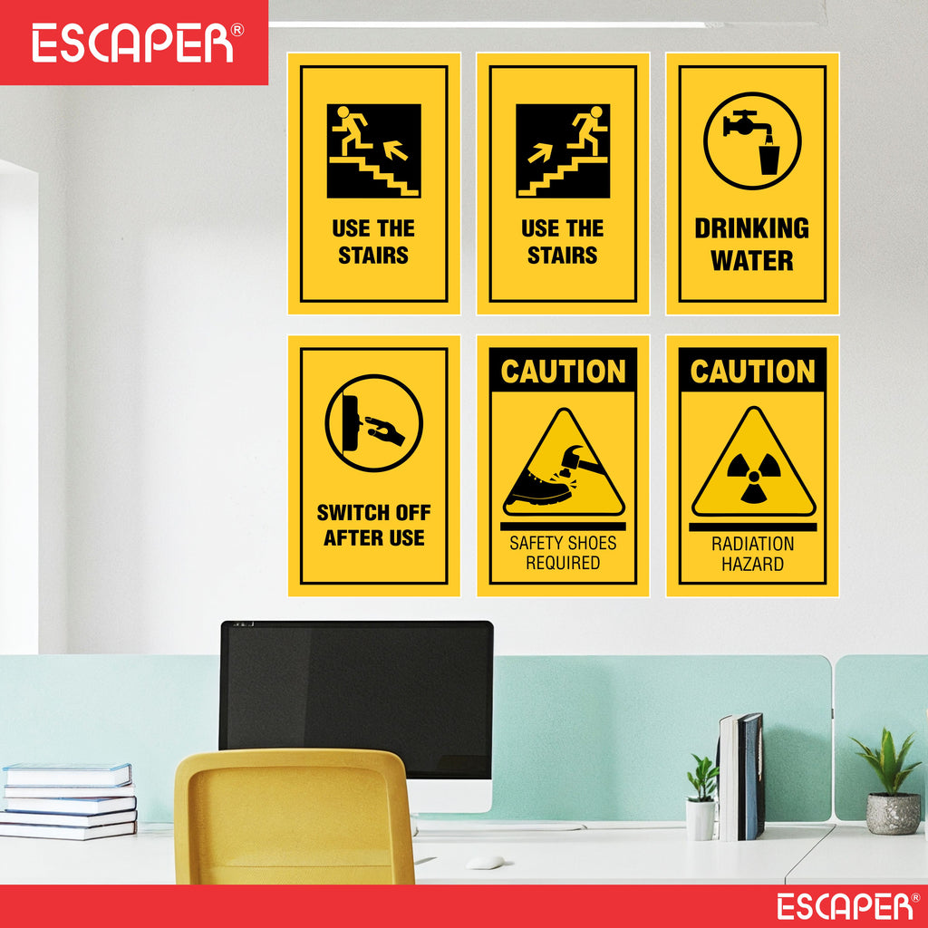 Safety & Instructional Posters– (Pack Of 6-12x18 inch), Self-Adhesive, Laminated – Use the Stairs, Drinking Water, Switch Off After Use, Caution Safety Shoes Required, Radiation Hazard – Workplace & Office Safety Signs