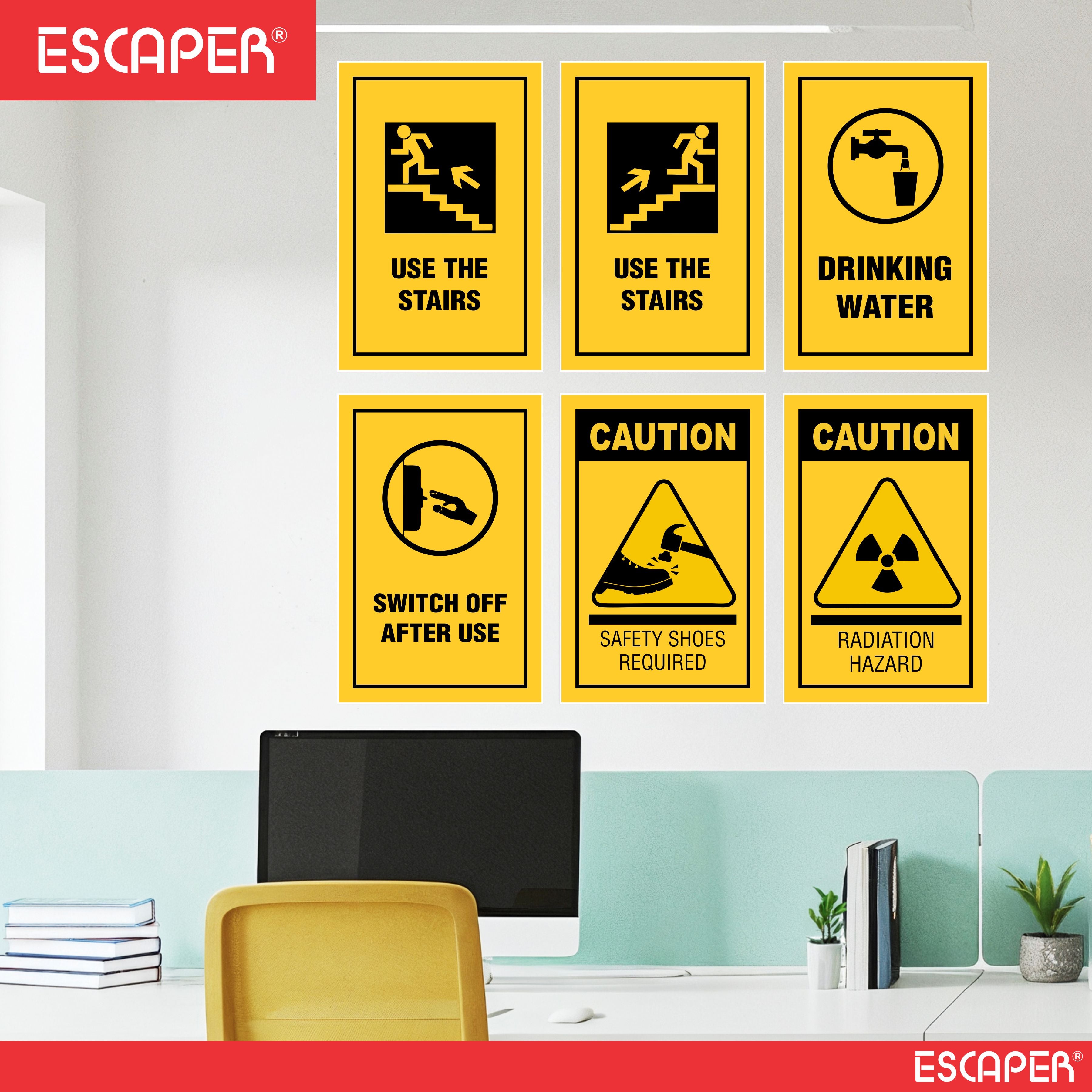 Safety & Instructional Posters– (Pack Of 6-12x18 inch), Self-Adhesive, Laminated – Use the Stairs, Drinking Water, Switch Off After Use, Caution Safety Shoes Required, Radiation Hazard – Workplace & Office Safety Signs