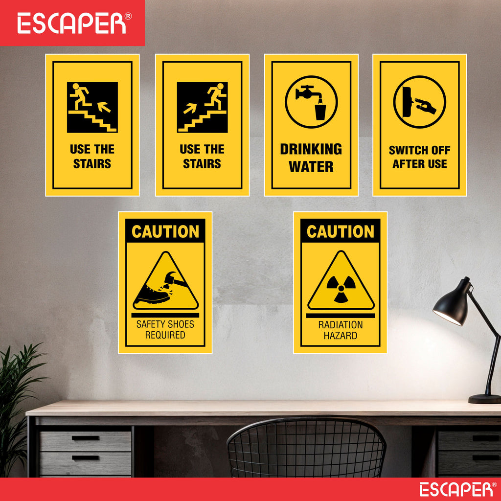 Safety & Instructional Posters– (Pack Of 6-12x18 inch), Self-Adhesive, Laminated – Use the Stairs, Drinking Water, Switch Off After Use, Caution Safety Shoes Required, Radiation Hazard – Workplace & Office Safety Signs