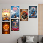 Hanuman, Shiva, Ganesh, Gayatri, Mahamrityunjay and Lakshmi Mantra Wall Art Posters (Pack Of 6), 12 x 18 Inch, 300 GSM Laminated, Self Adhesive Sanskrit Mantra Wall Décor Poster