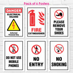 Safety Posters, (Pack Of 6) Fire Extinguisher Poster, Electrical Safety Sign, No Entry & No Smoking, Do Not Use Mobile Phone Posters – 12x18 Inch Industrial Safety Signs for Factory, Workplace & Indoor Use
