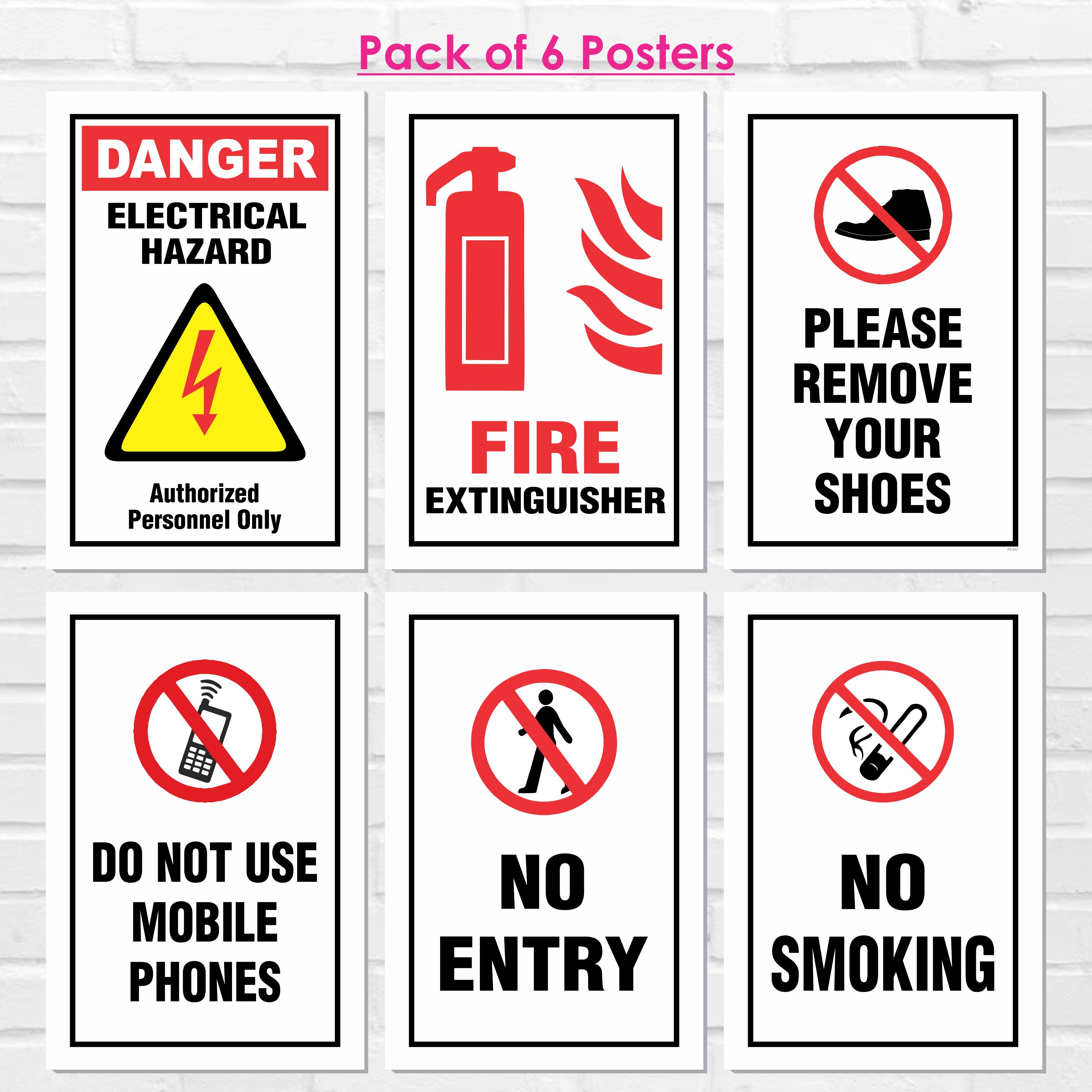 Safety Posters, (Pack Of 6) Fire Extinguisher Poster, Electrical Safety Sign, No Entry & No Smoking, Do Not Use Mobile Phone Posters – 12x18 Inch Industrial Safety Signs for Factory, Workplace & Indoor Use