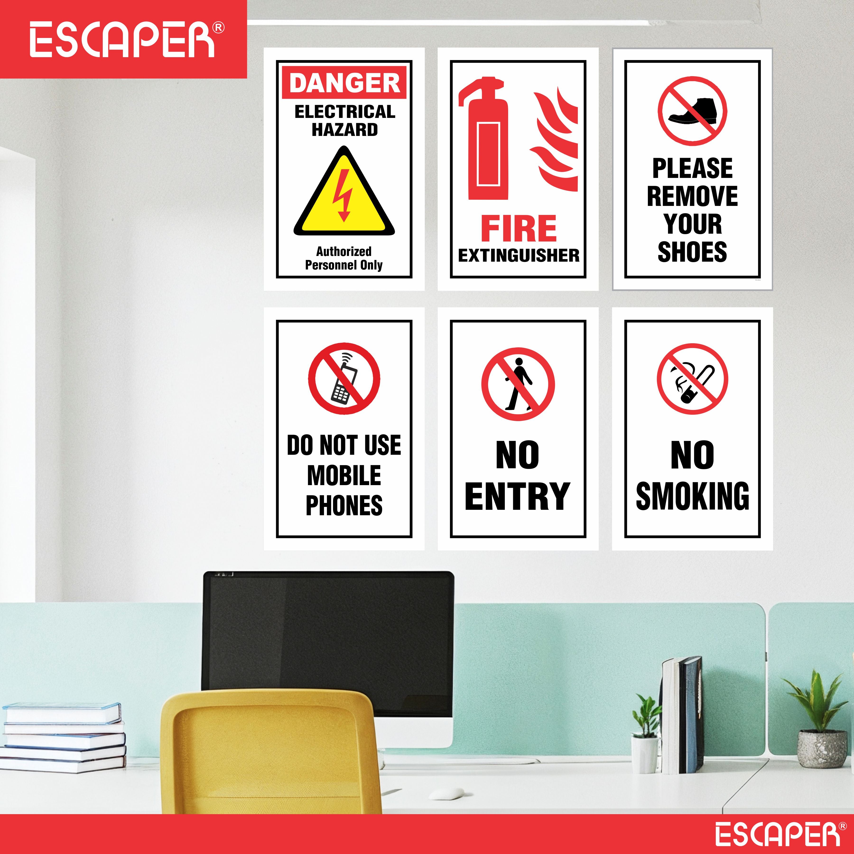 Safety Posters, (Pack Of 6) Fire Extinguisher Poster, Electrical Safety Sign, No Entry & No Smoking, Do Not Use Mobile Phone Posters – 12x18 Inch Industrial Safety Signs for Factory, Workplace & Indoor Use