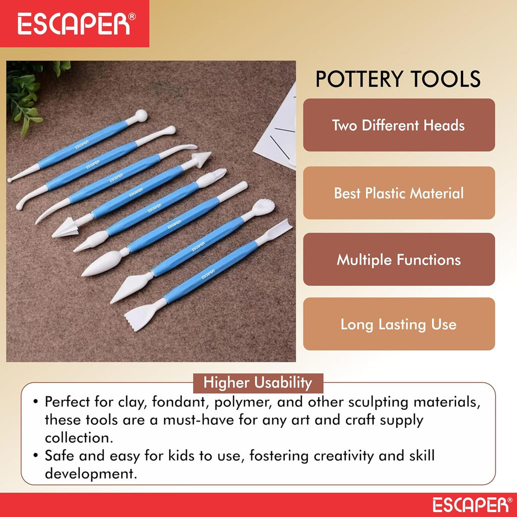 Plastic Pottery Tools Set of 8, Double-Ended Clay Modelling & Sculpting Tools, (14–16 cm Each), Pottery Tool Kit Plastic for Artists, Kids, Craft, Cake & Fondant Decorating