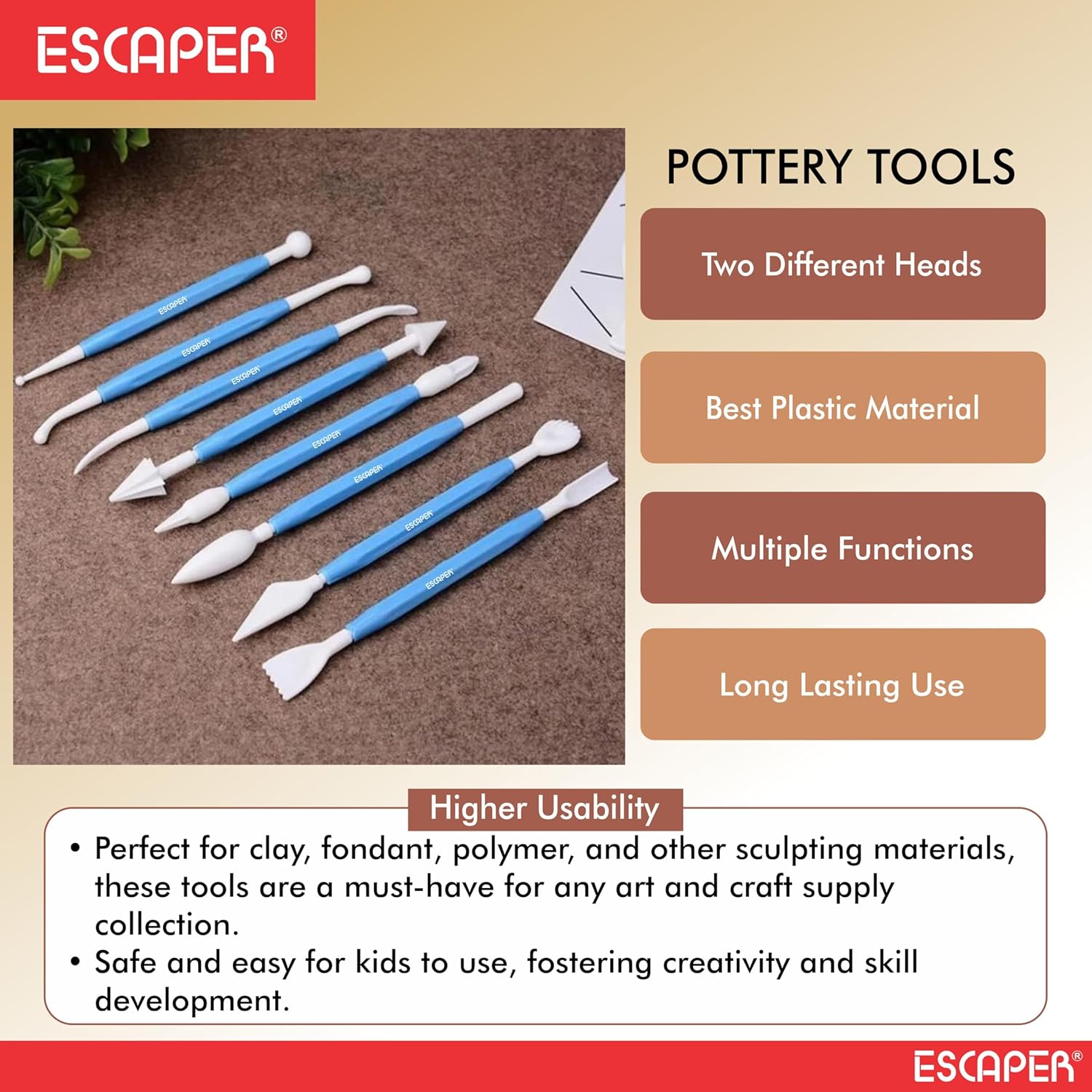 Plastic Pottery Tools Set of 8, Double-Ended Clay Modelling & Sculpting Tools, (14–16 cm Each), Pottery Tool Kit Plastic for Artists, Kids, Craft, Cake & Fondant Decorating
