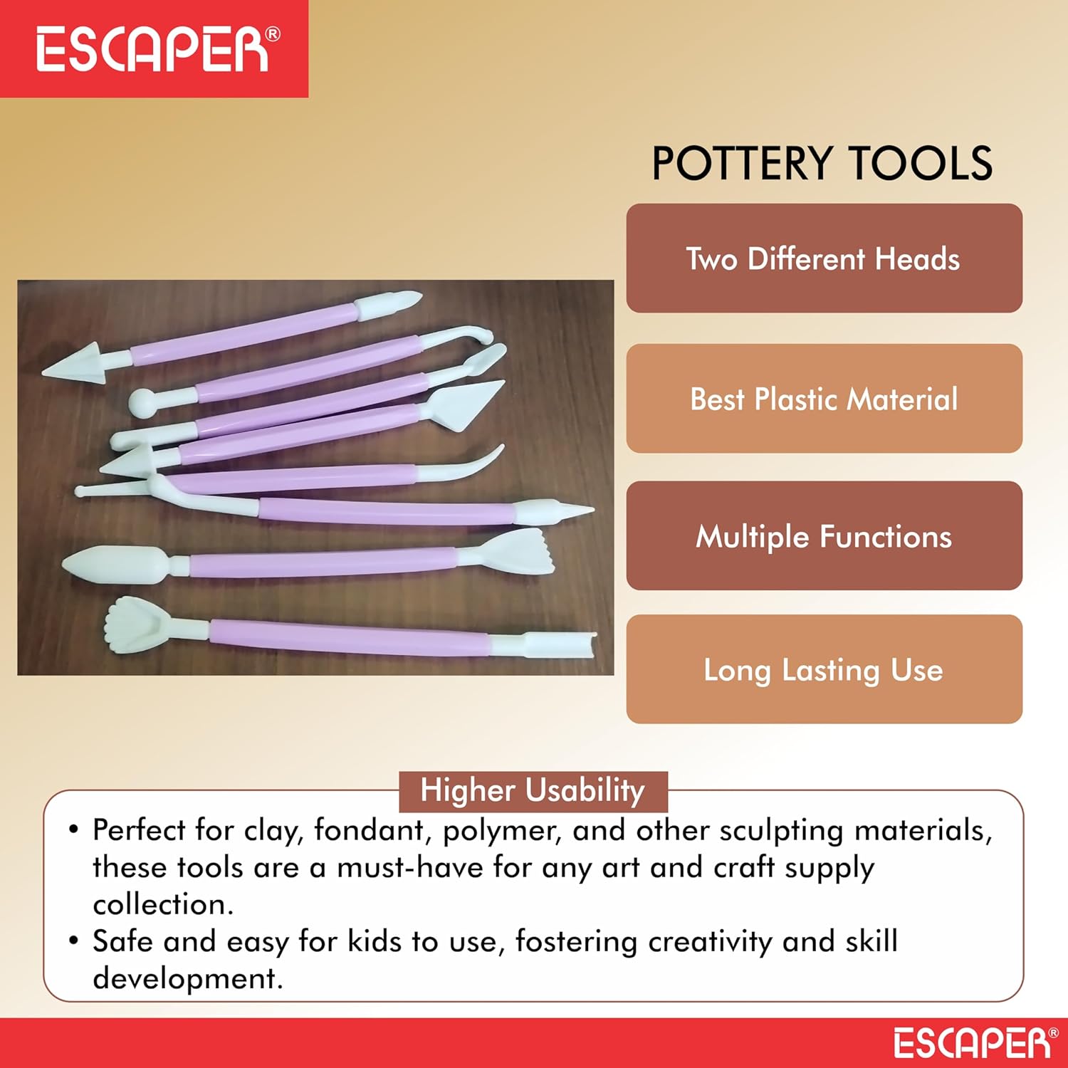 Plastic Pottery Tools Set of 8, Double-Ended Clay Modelling & Sculpting Tools, (14–16 cm Each), Pottery Tool Kit Plastic for Artists, Kids, Craft, Cake & Fondant Decorating