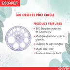 Pro Circle 360 Degree Full Round Protractor with Circle Stencils, 14 cm Transparent Plastic Geometry Scale for Technical Drawing, Engineering, Architecture & Drafting