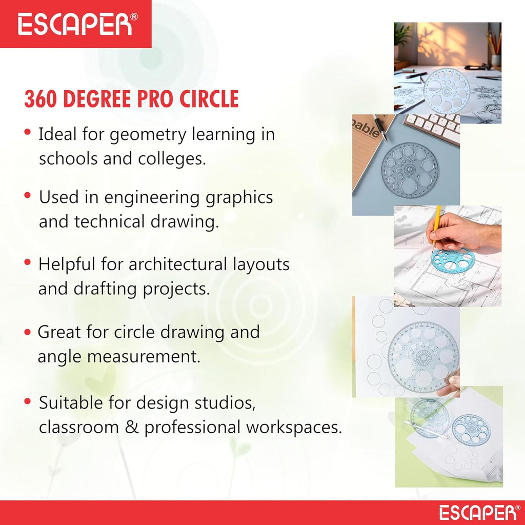 Pro Circle 360 Degree Full Round Protractor with Circle Stencils, 14 cm Transparent Plastic Geometry Scale for Technical Drawing, Engineering, Architecture & Drafting