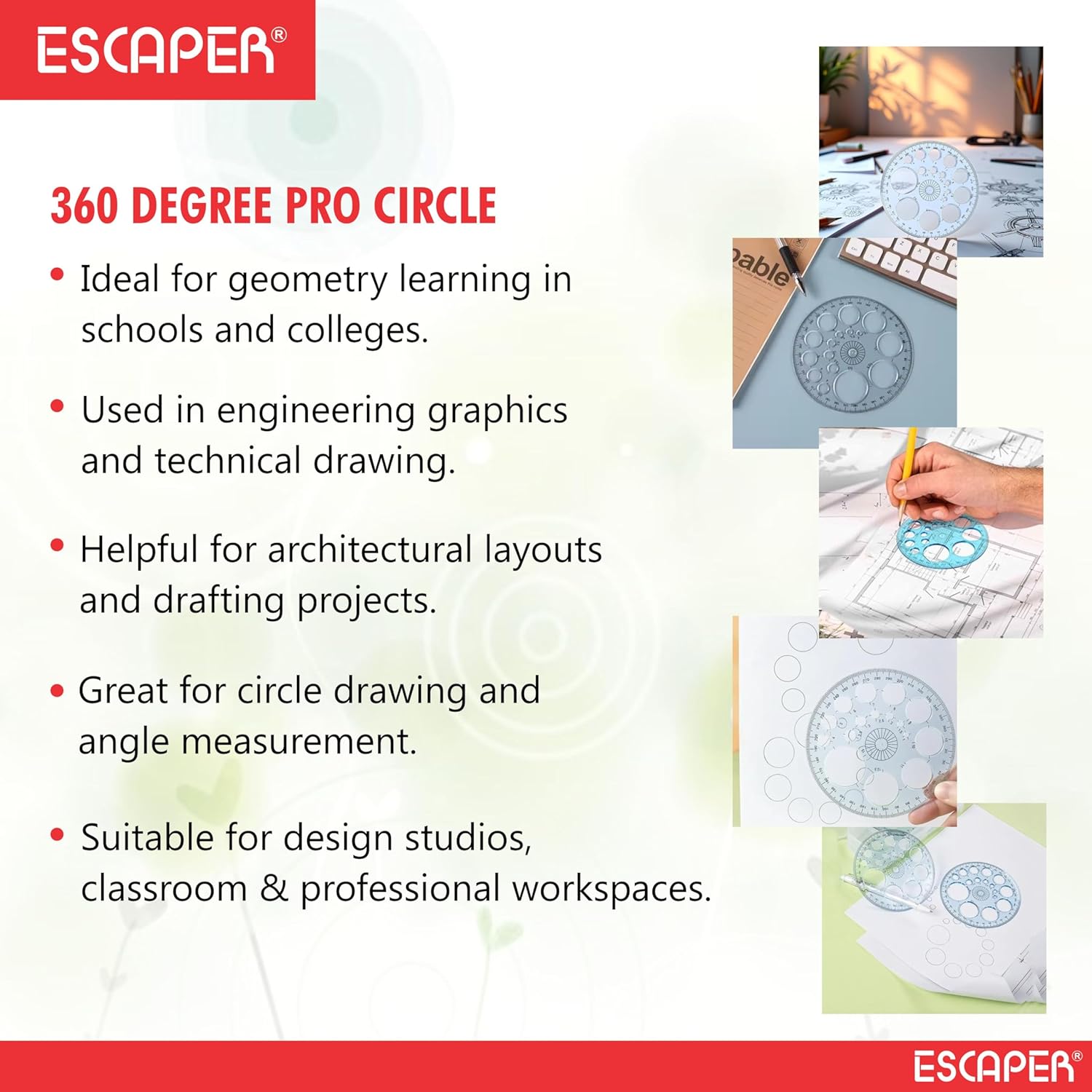 Pro Circle 360 Degree Full Round Protractor with Circle Stencils, 14 cm Transparent Plastic Geometry Scale for Technical Drawing, Engineering, Architecture & Drafting