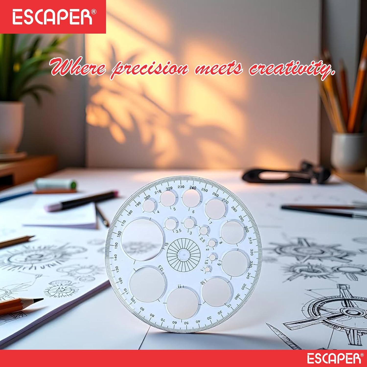 Pro Circle 360 Degree Full Round Protractor with Circle Stencils, 14 cm Transparent Plastic Geometry Scale for Technical Drawing, Engineering, Architecture & Drafting