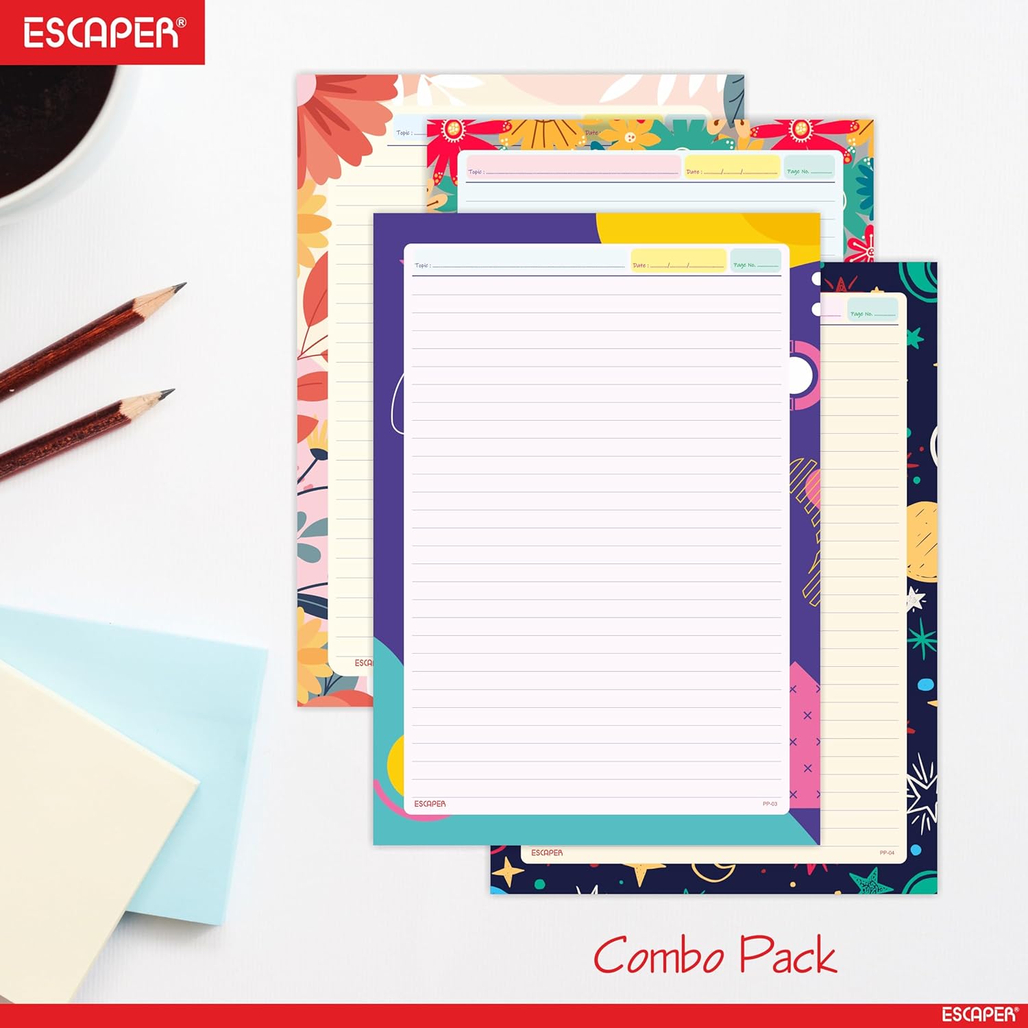 A4 Designer Paper Sheets – One Side Ruled – 90 GSM Project Paper for School Assignments, Craft Work, Art Projects & Office Use