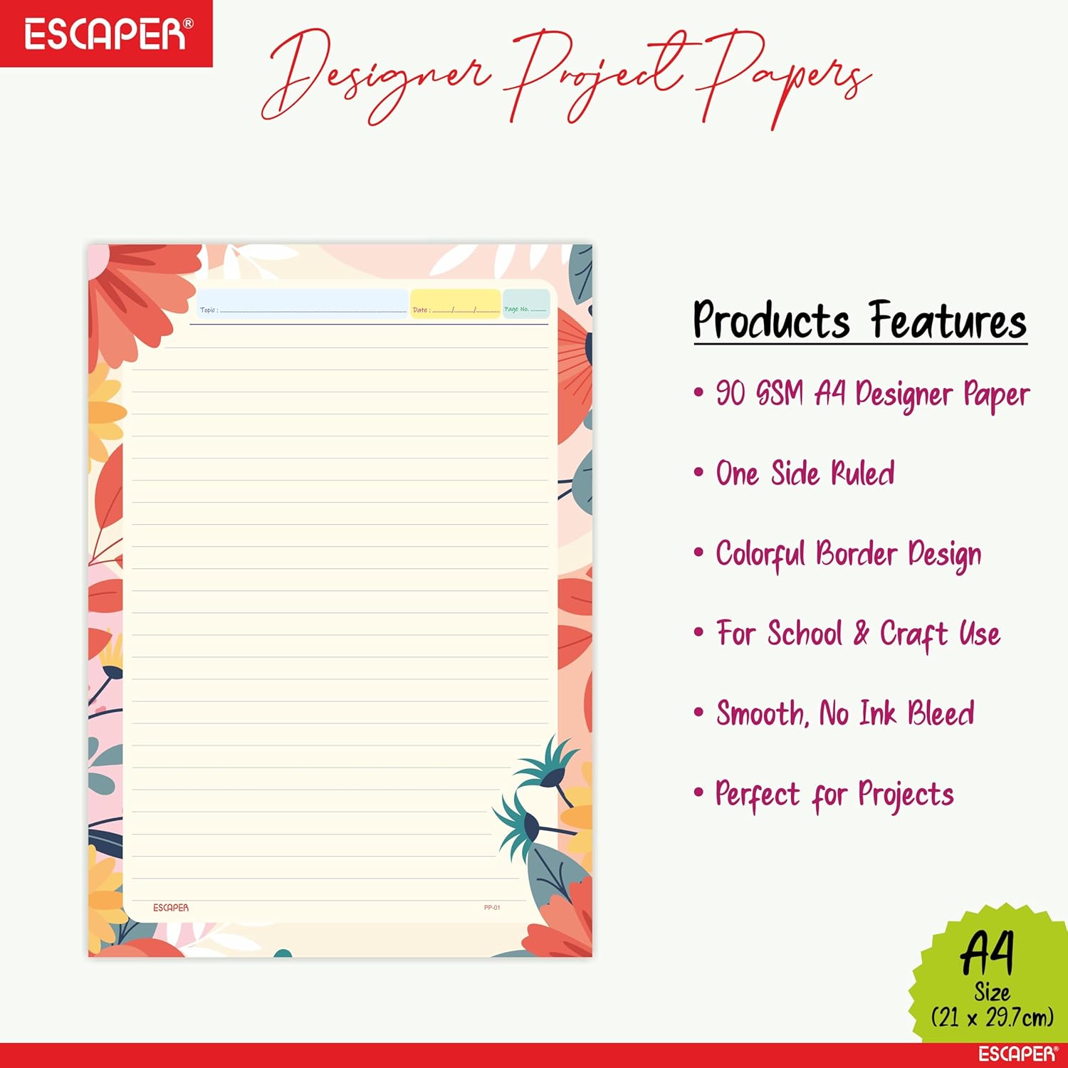 A4 Designer Paper Sheets – One Side Ruled – 90 GSM Project Paper for School Assignments, Craft Work, Art Projects & Office Use