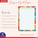 A4 Designer Paper Sheets – One Side Ruled – 90 GSM Project Paper for School Assignments, Craft Work, Art Projects & Office Use