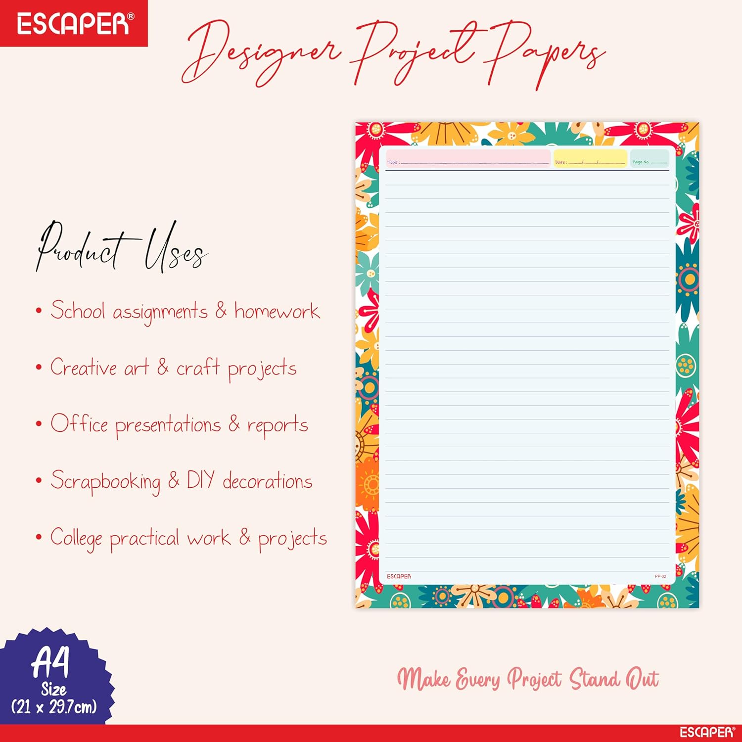 A4 Designer Paper Sheets – One Side Ruled – 90 GSM Project Paper for School Assignments, Craft Work, Art Projects & Office Use