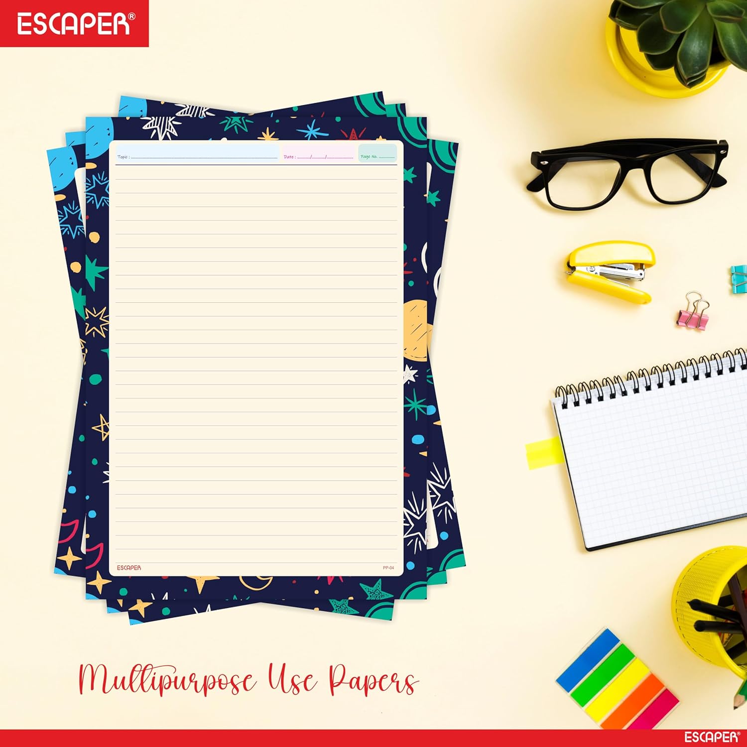 A4 Designer Paper Sheets – One Side Ruled – 90 GSM Project Paper for School Assignments, Craft Work, Art Projects & Office Use