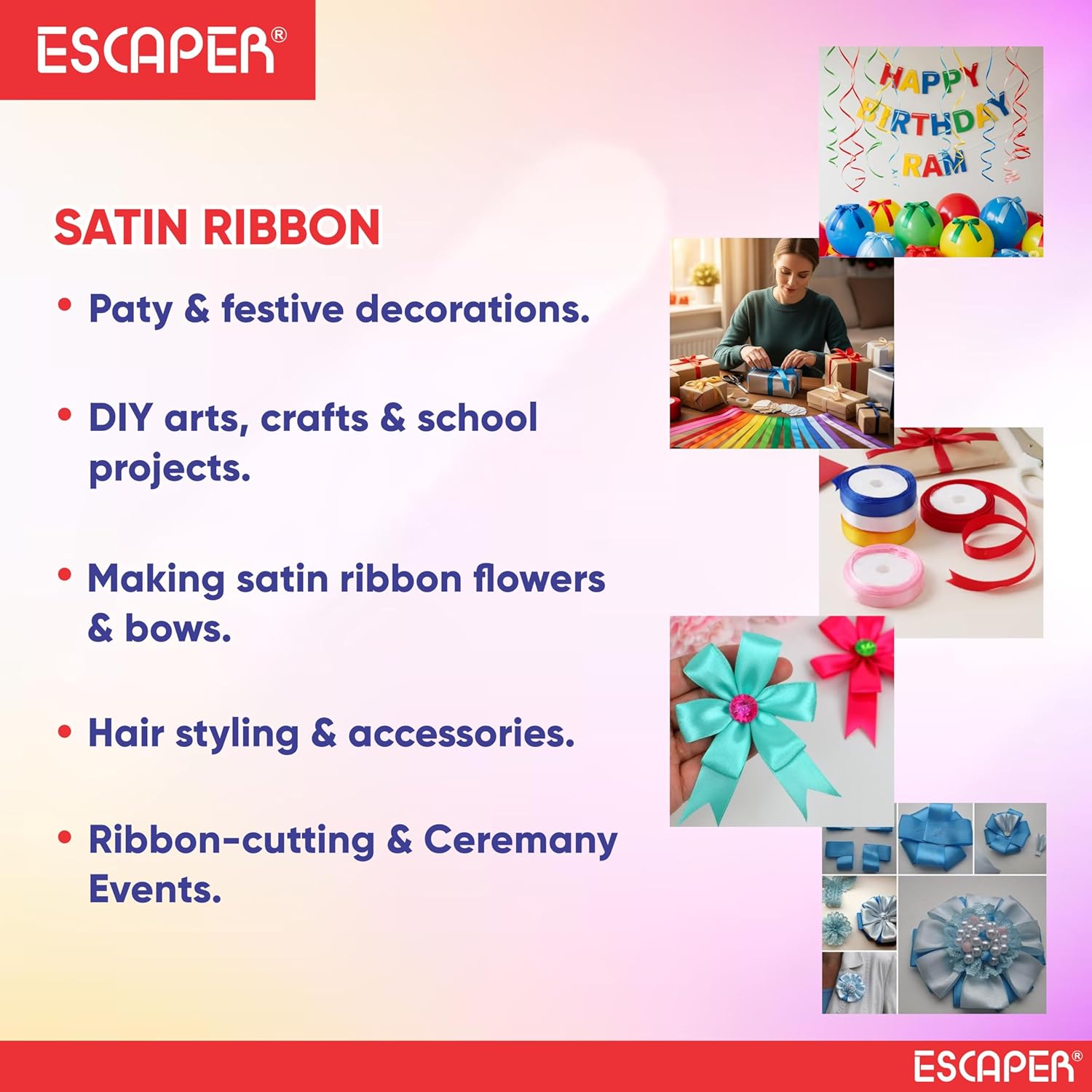 Satin Ribbon Set (Pack of 10) Assorted Ribbon Rolls (1/2 Inch-10 Mtr Each) Ribbons for Decoration, Crafts, Hair, DIY Arts, Floral Arrangements Hair