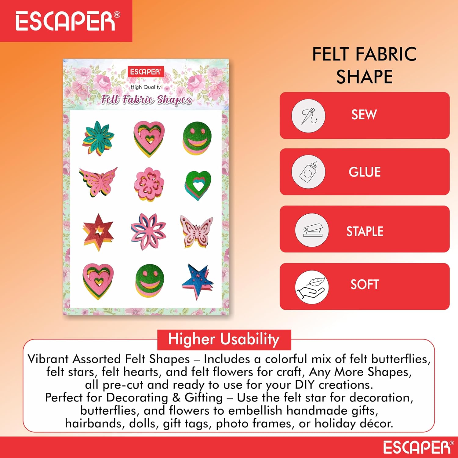 Assorted Felt Shapes for Craft, Precut Felt Butterflies, Stars, Hearts Flowers & Many Shapes, Colorful Felt Shapes for Craft, Card Making, Applique & DIY Decoration Projects